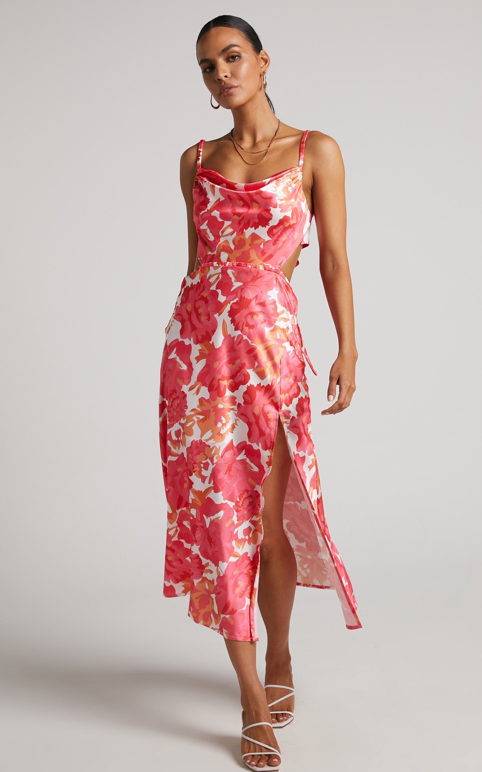Loran Midi Dress - Cowl Neck Satin Slip Dress in Peony Blossom