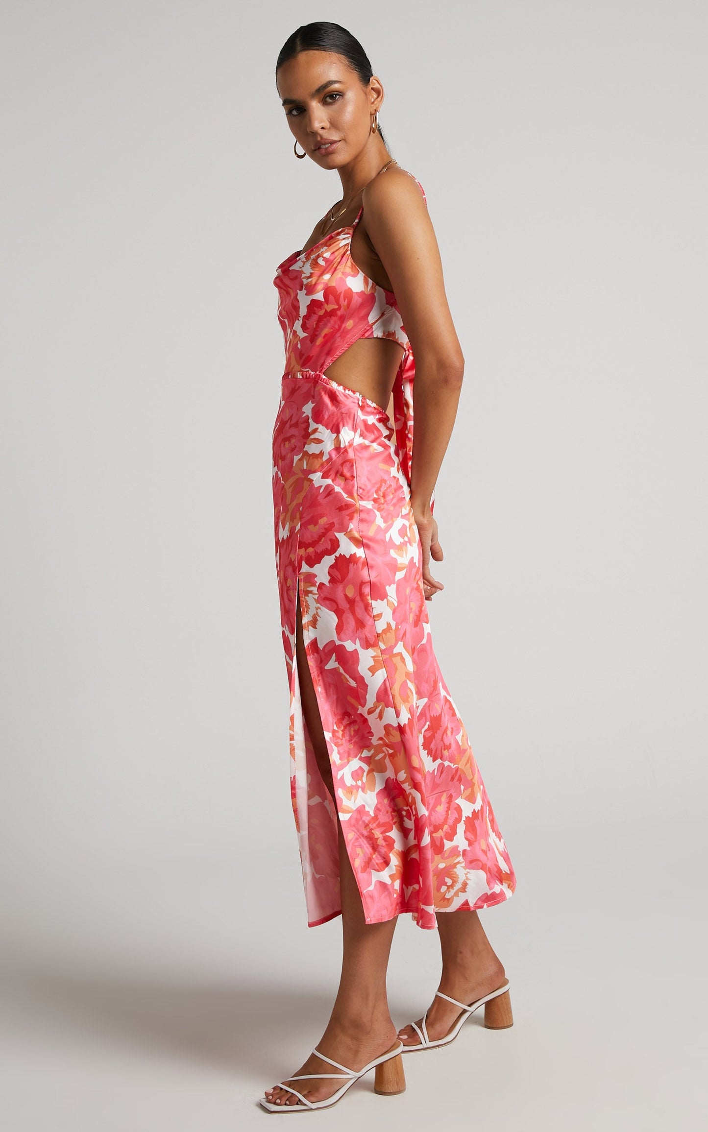 Loran Midi Dress - Cowl Neck Satin Slip Dress in Peony Blossom