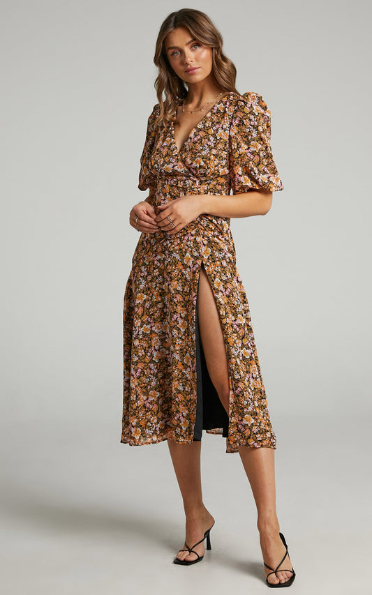 Loree Midi Dress - Puff Sleeve Dress in Black Floral