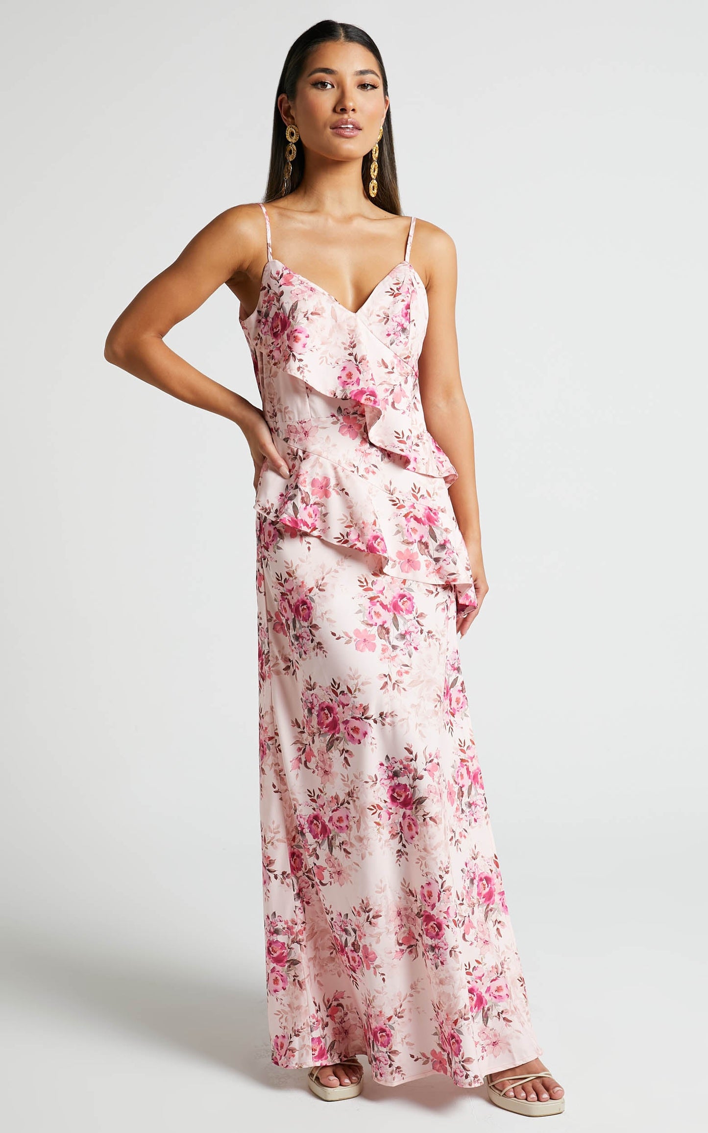 Loreli Midi Dress - Ruffle Detail Slip Dress in Garden Floral