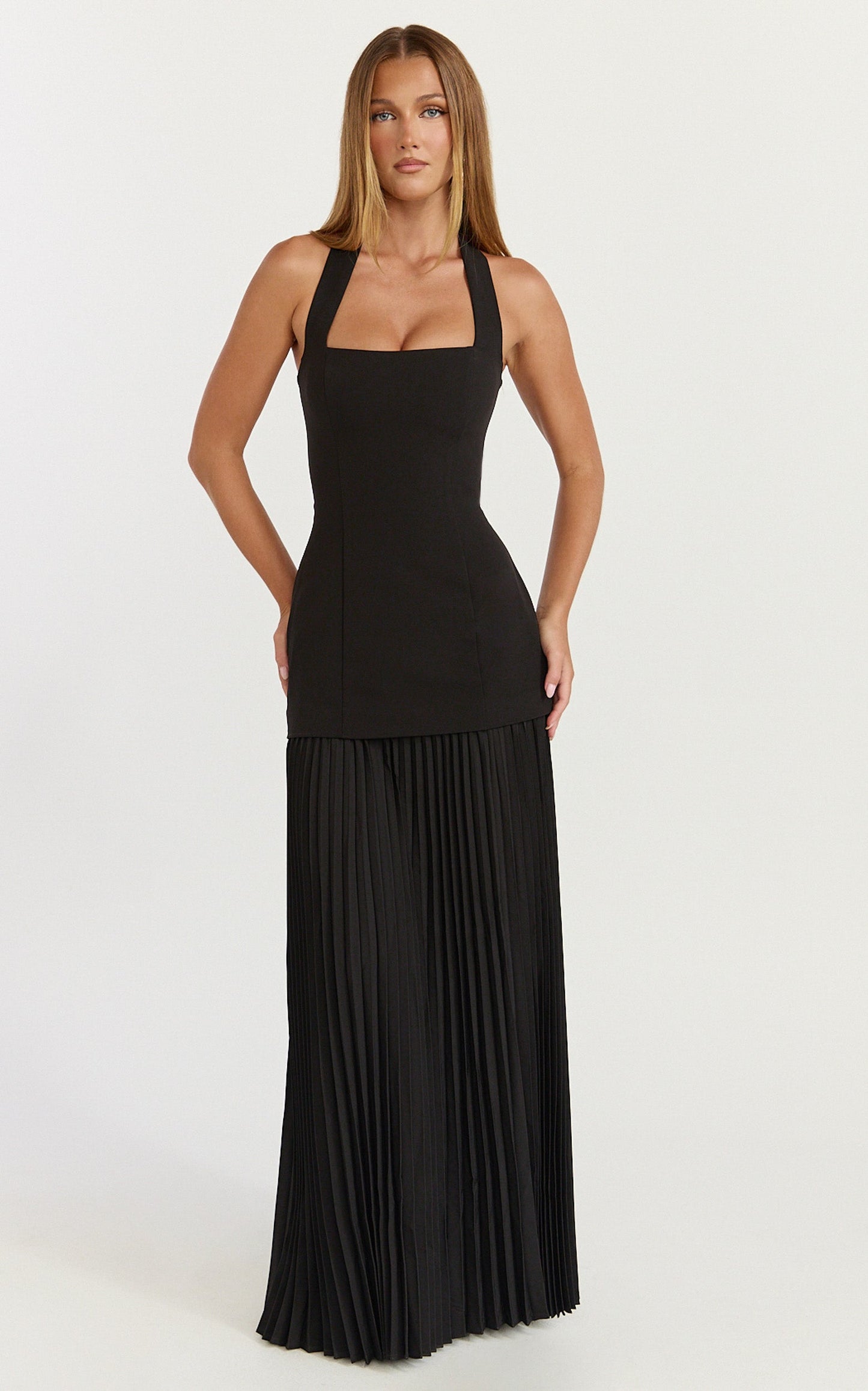 Loretta Maxi Dress - Contrast Halter Neck Pleated Dress in Black