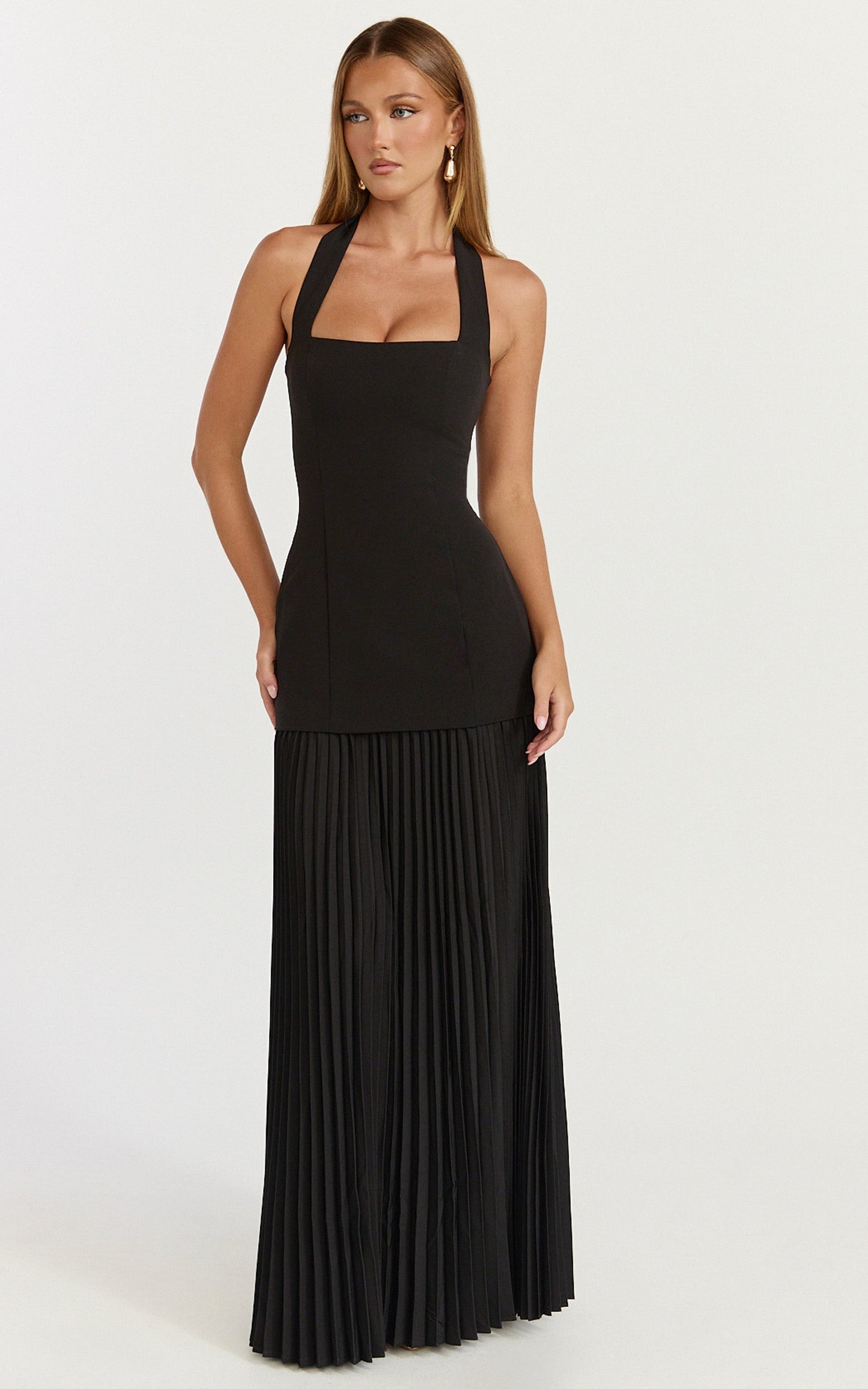 Loretta Maxi Dress - Contrast Halter Neck Pleated Dress in Black