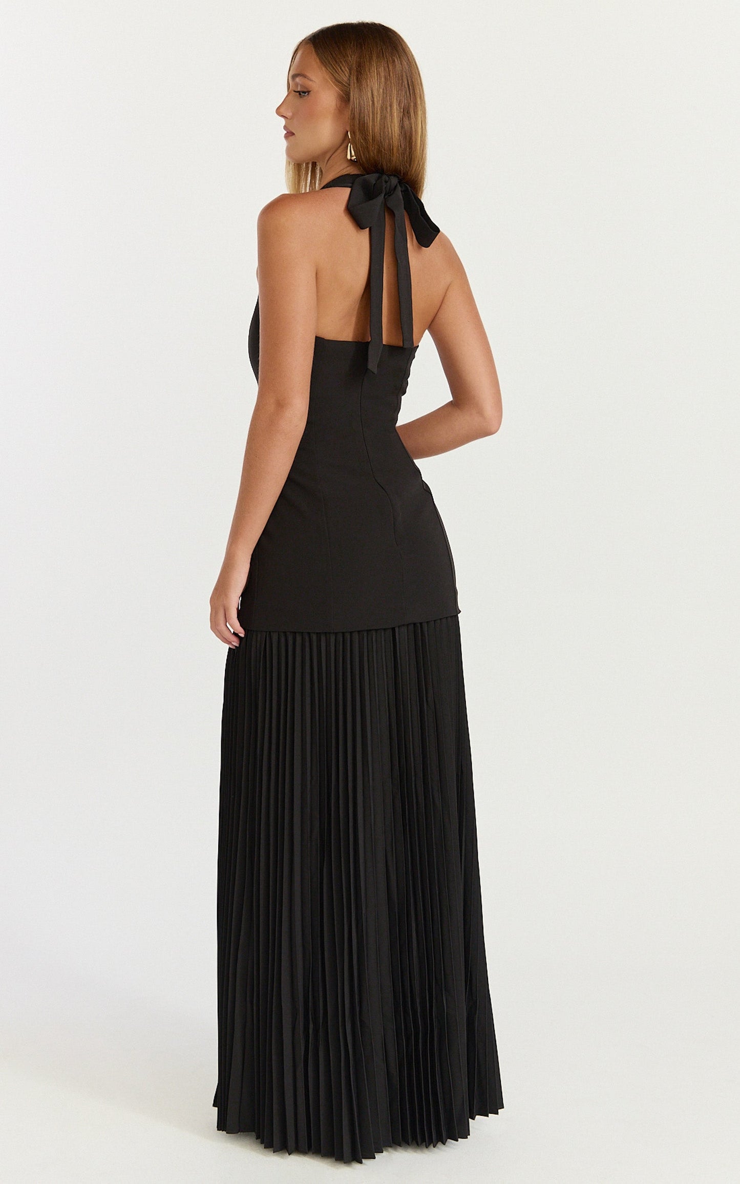 Loretta Maxi Dress - Contrast Halter Neck Pleated Dress in Black