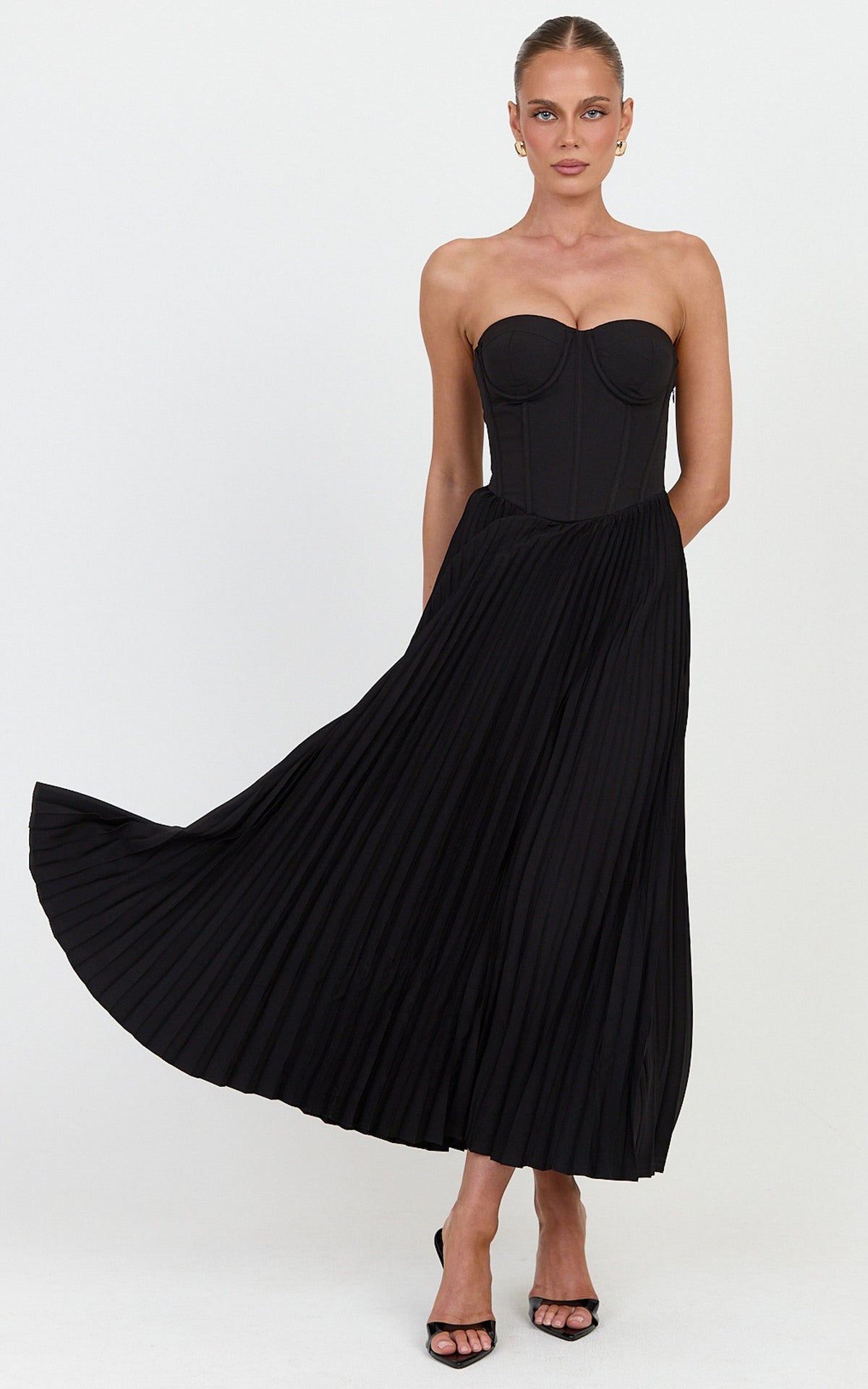 Loretta Midi Dress - Lace Up Back Bustier Pleated Dress in Black
