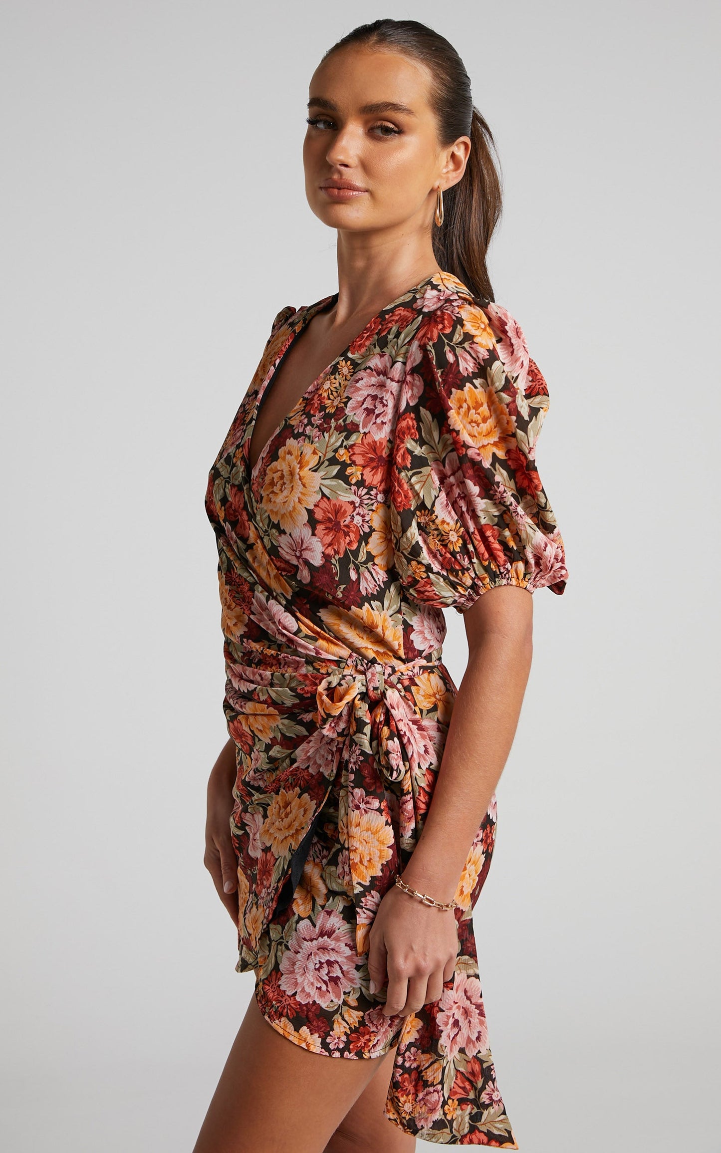 Lorie Mini Dress - Puff Sleeve Wrap Dress in Boheme Floral