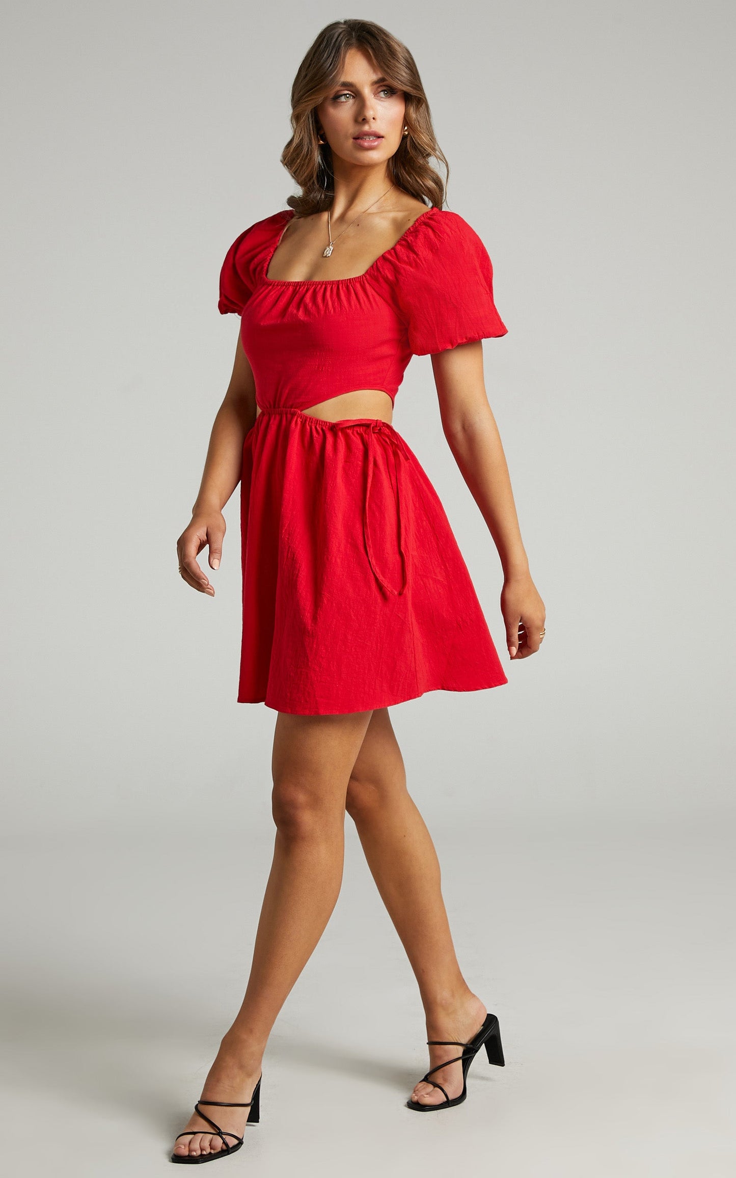 Loriella Linen Waist Cut Out Skater Skirt Dress in Red