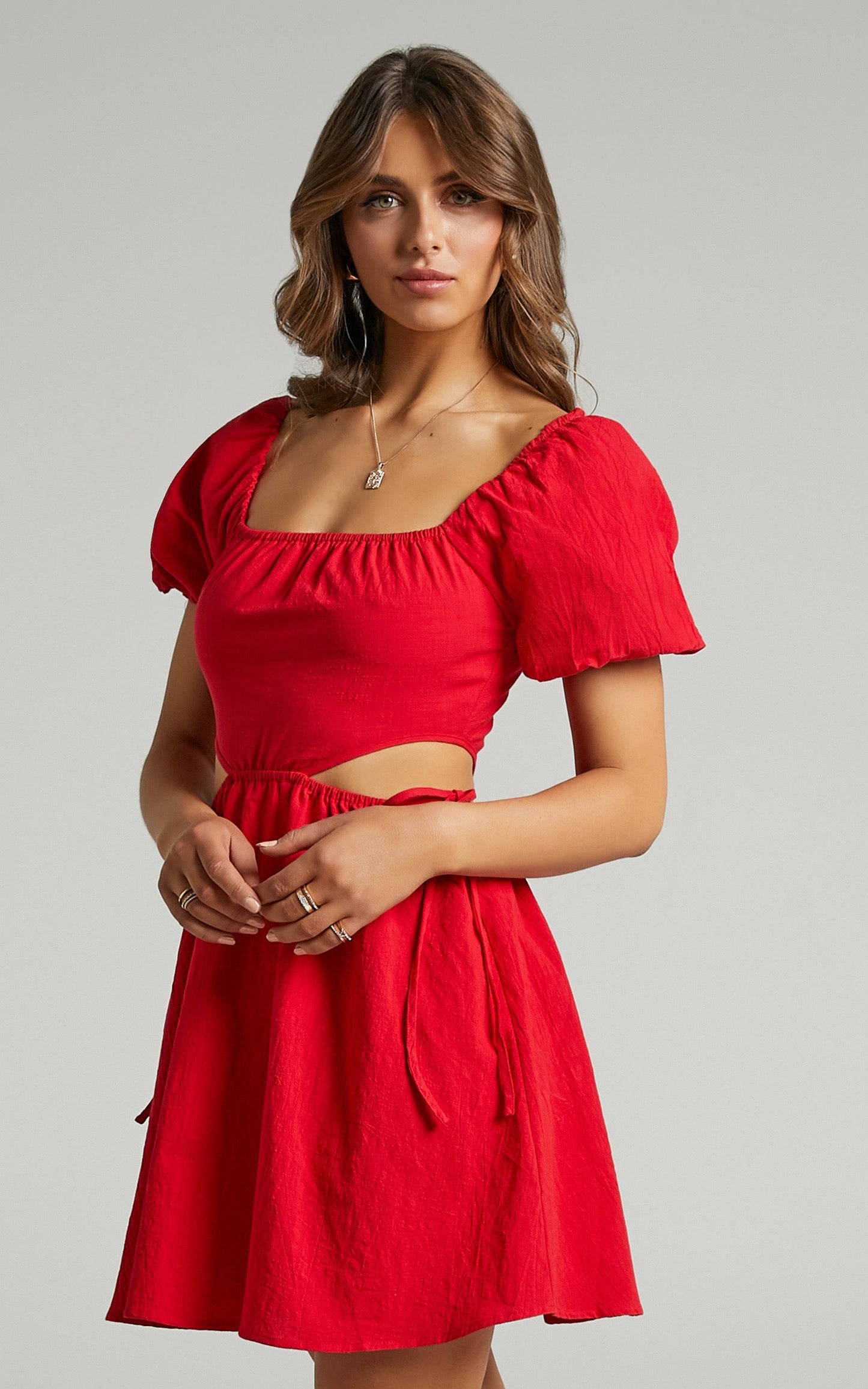 Loriella Linen Waist Cut Out Skater Skirt Dress in Red
