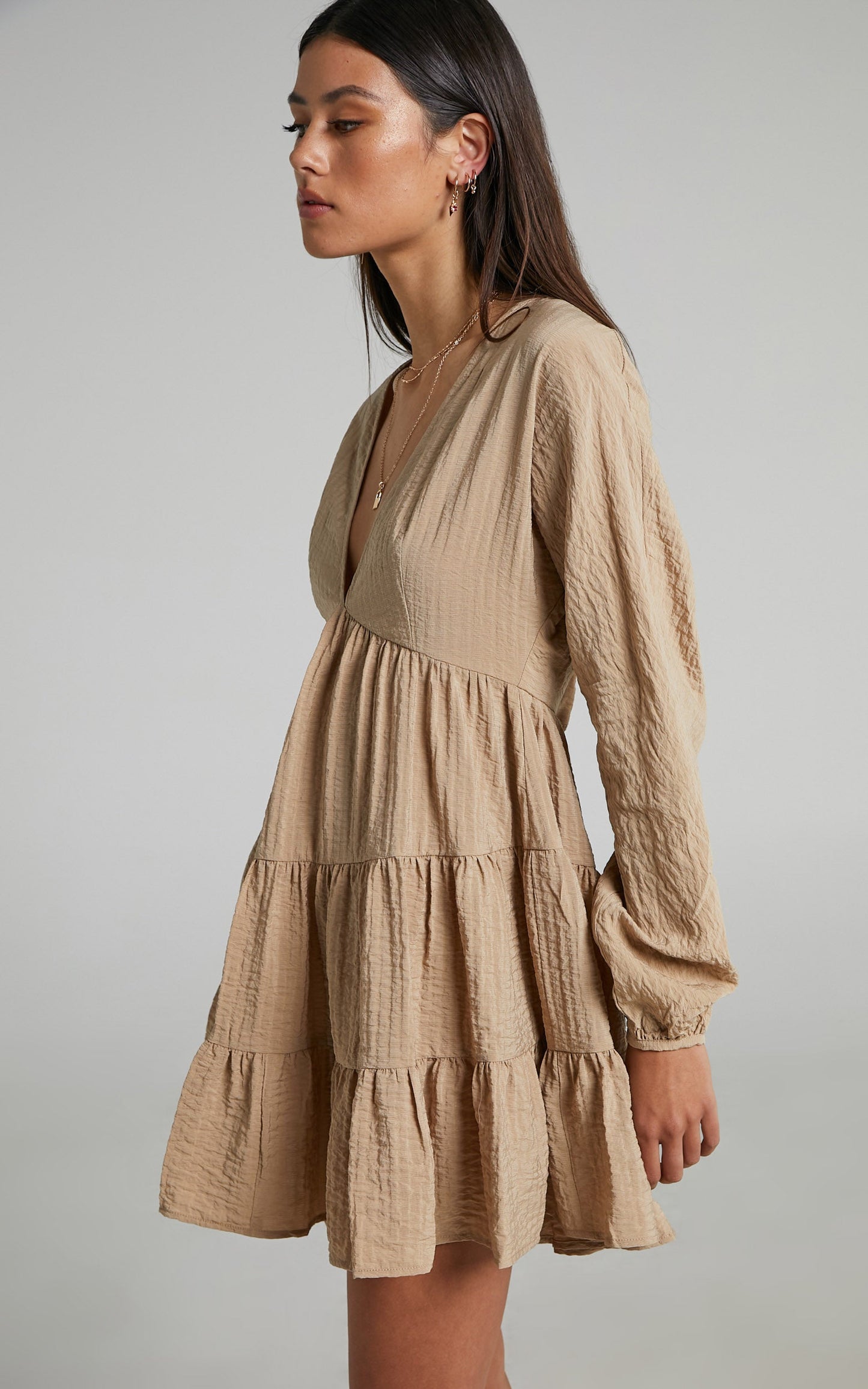 Lorraina Mini Dress - V Neck Tiered Long Sleeve Dress in MOCHA