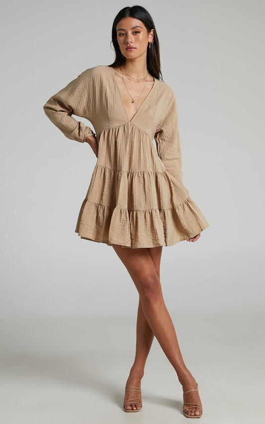 Lorraina Mini Dress - V Neck Tiered Long Sleeve Dress in MOCHA