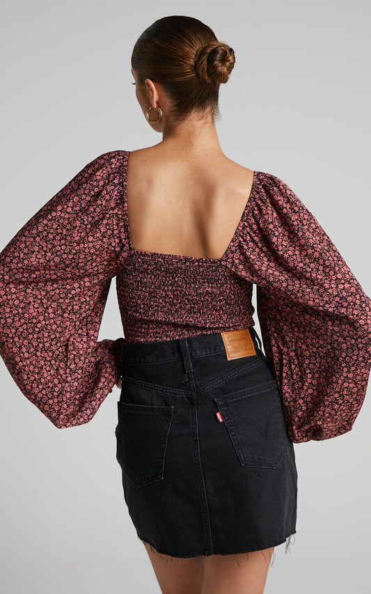 Lorreta Bodysuit - Long Sleeve Sweetheart Bodysuit in Pink Floral