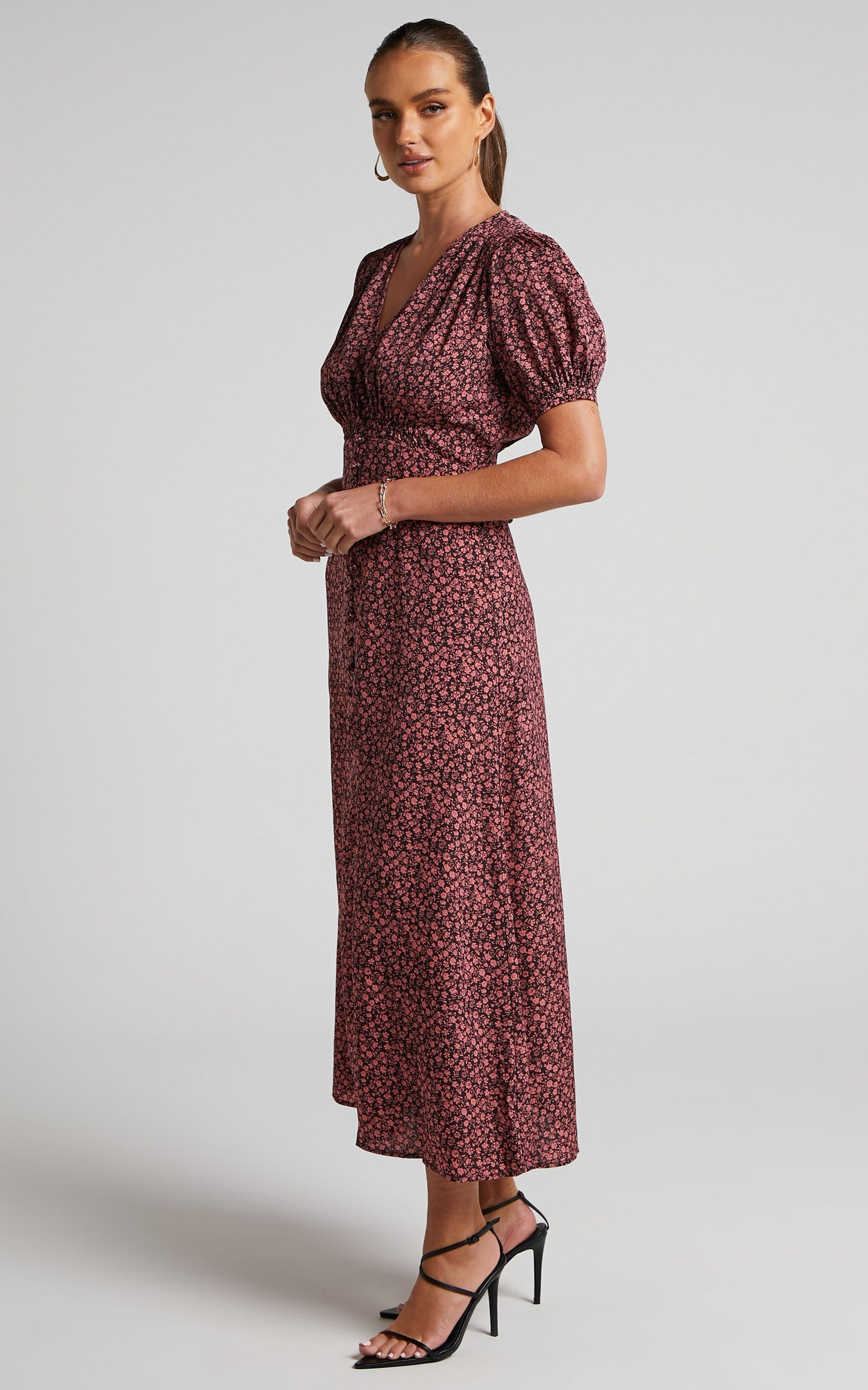 Lorreta Midi Dress - V Neck Puff Sleeve Dress in Pink Floral