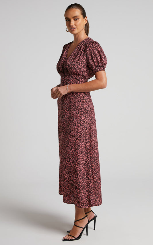 Lorreta Midi Dress - V Neck Puff Sleeve Dress in Pink Floral