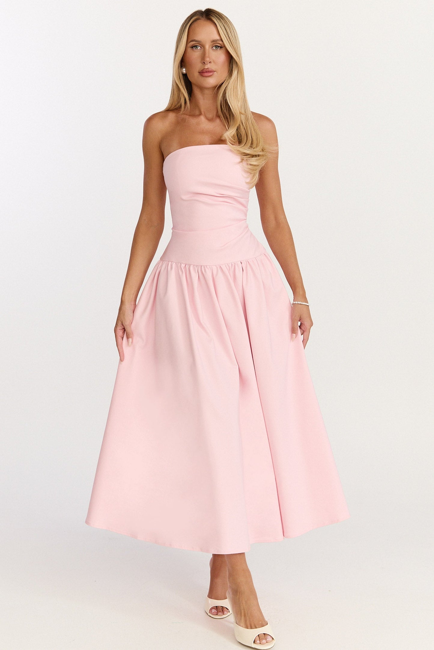 Louisa Maxi Dress - Strapless Side Ruched Dropped Waist Fit And Flare Dress in Pink