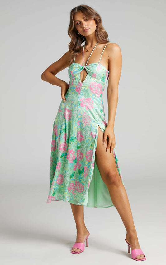 Lousine Halter Neckline Midi Dress in Neon Dreamer