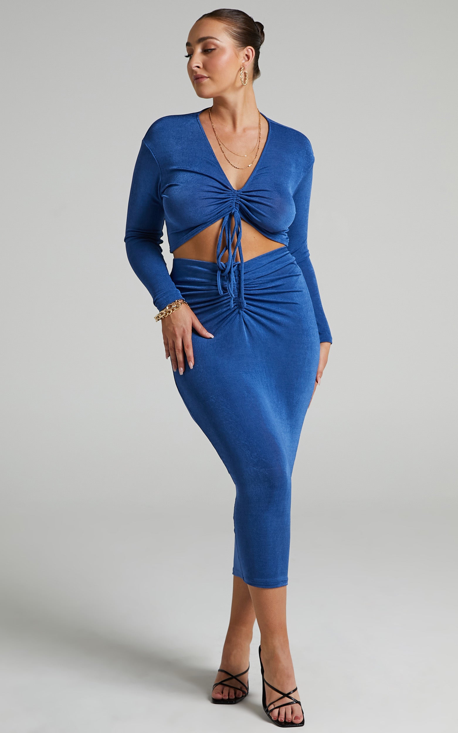 Luciana Ruched V Waist Midi Skirt in Cobalt