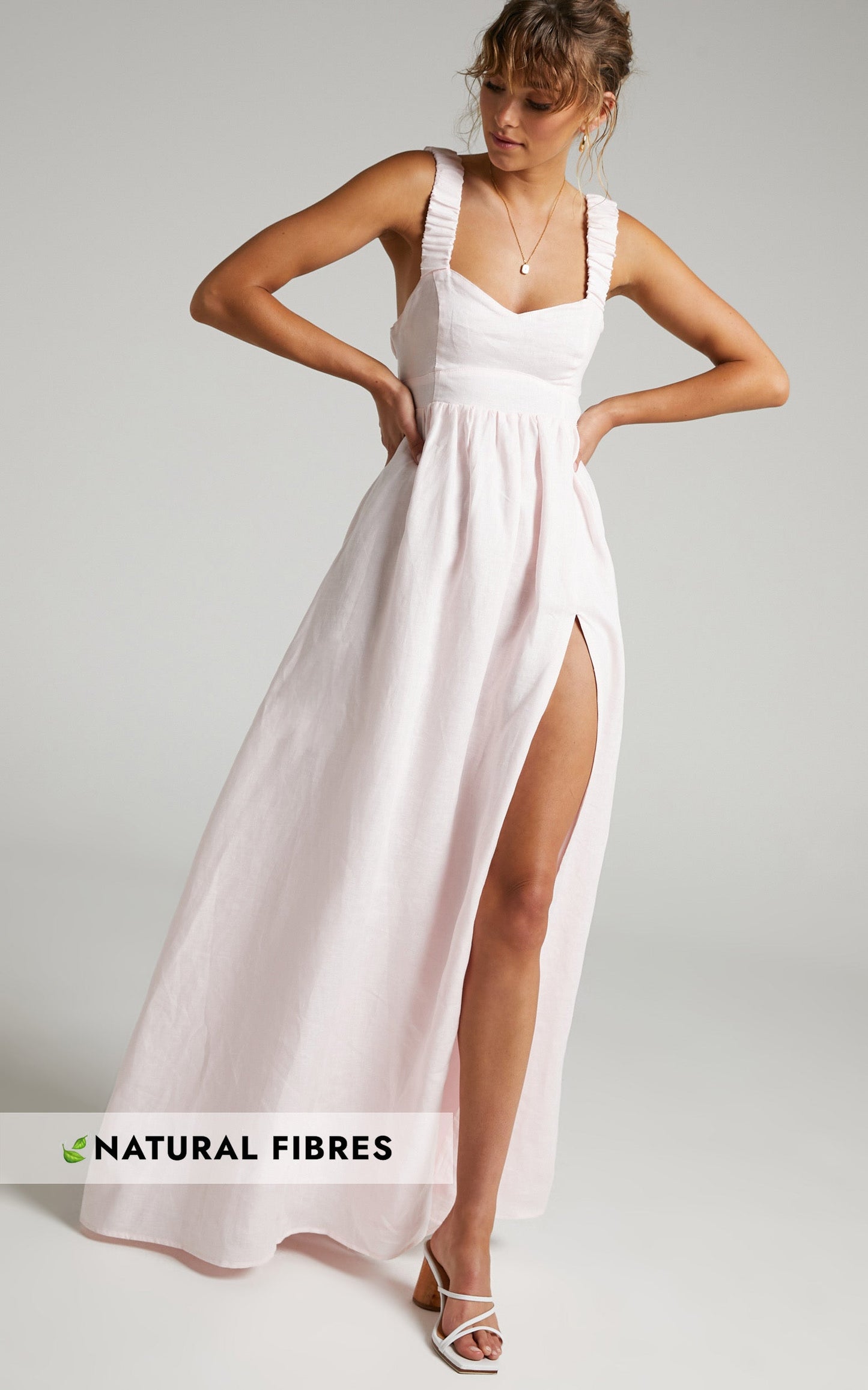 Amalie The Label - Lucia Linen Elasticated Strap Backless Maxi Linen Dress in Off White