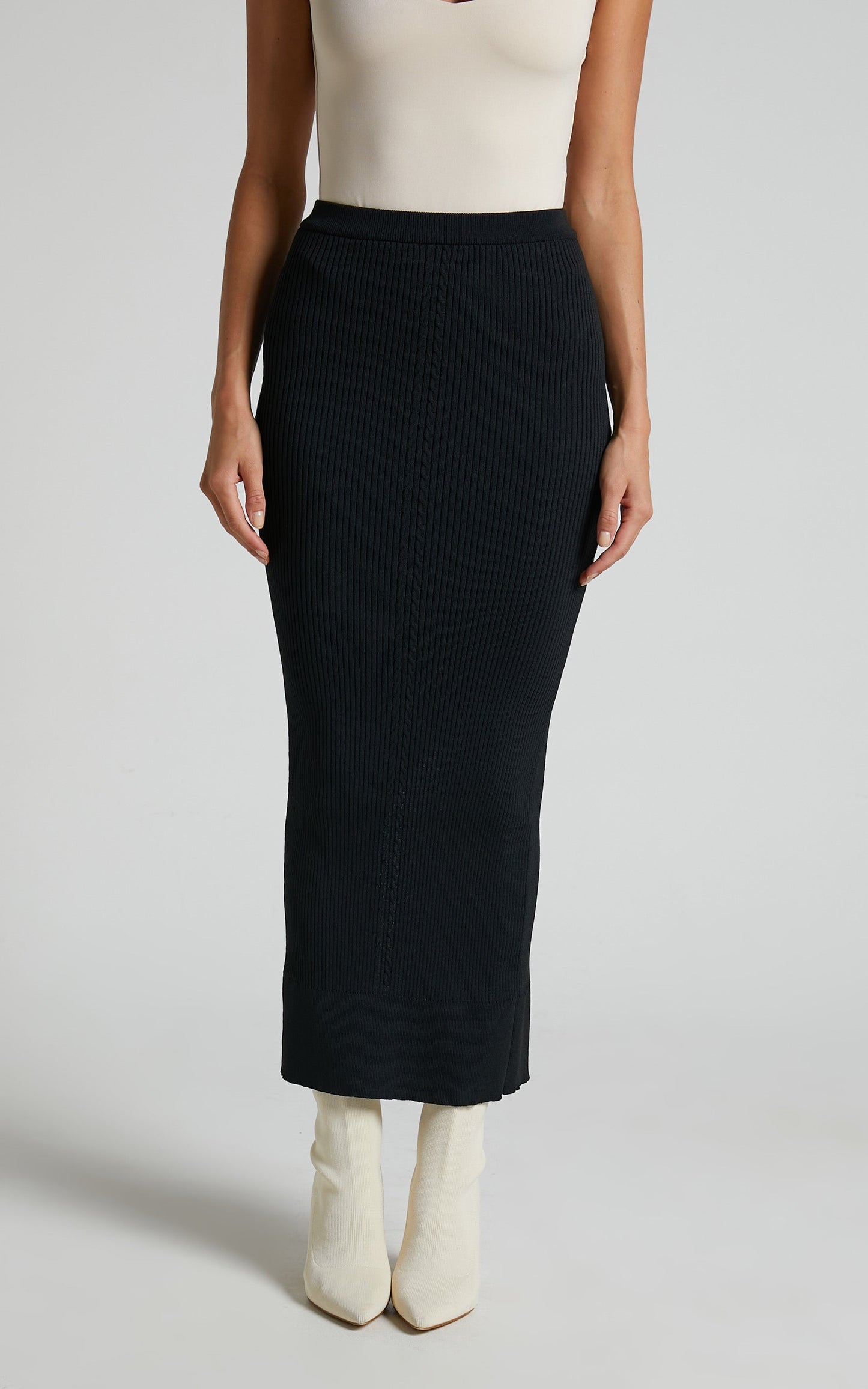 Lucienna Midi Skirt - Knit Back Split Skirt in Black