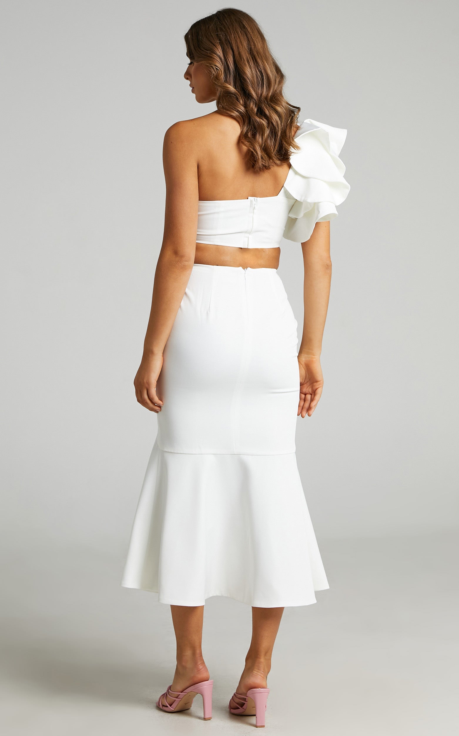 Lucila One Shoulder Crop Top and Midi Skirt Two Piece Set in White