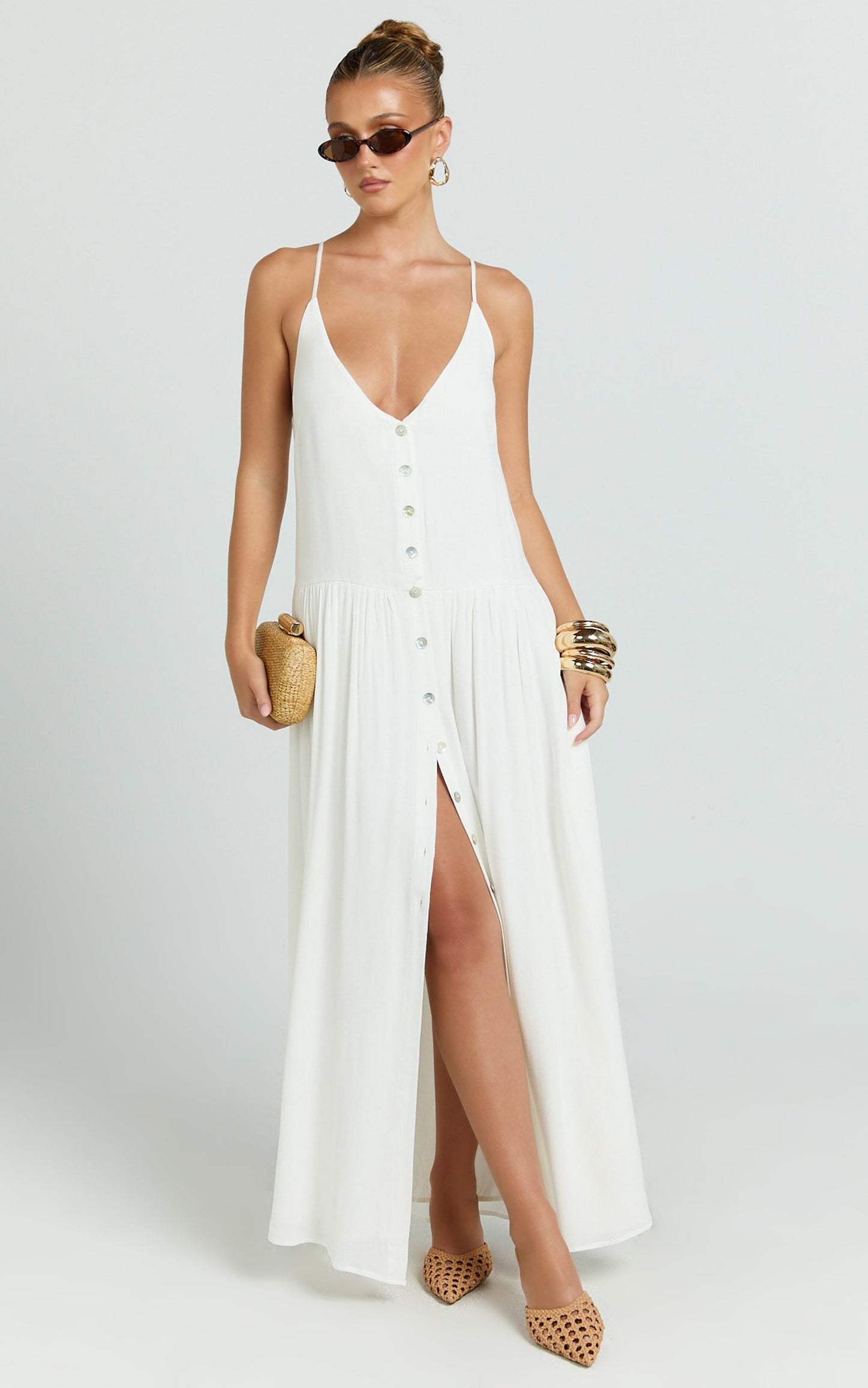 Lucille Maxi Dress - Tie Neck Button Down Front Split Maxi Dress in Off White