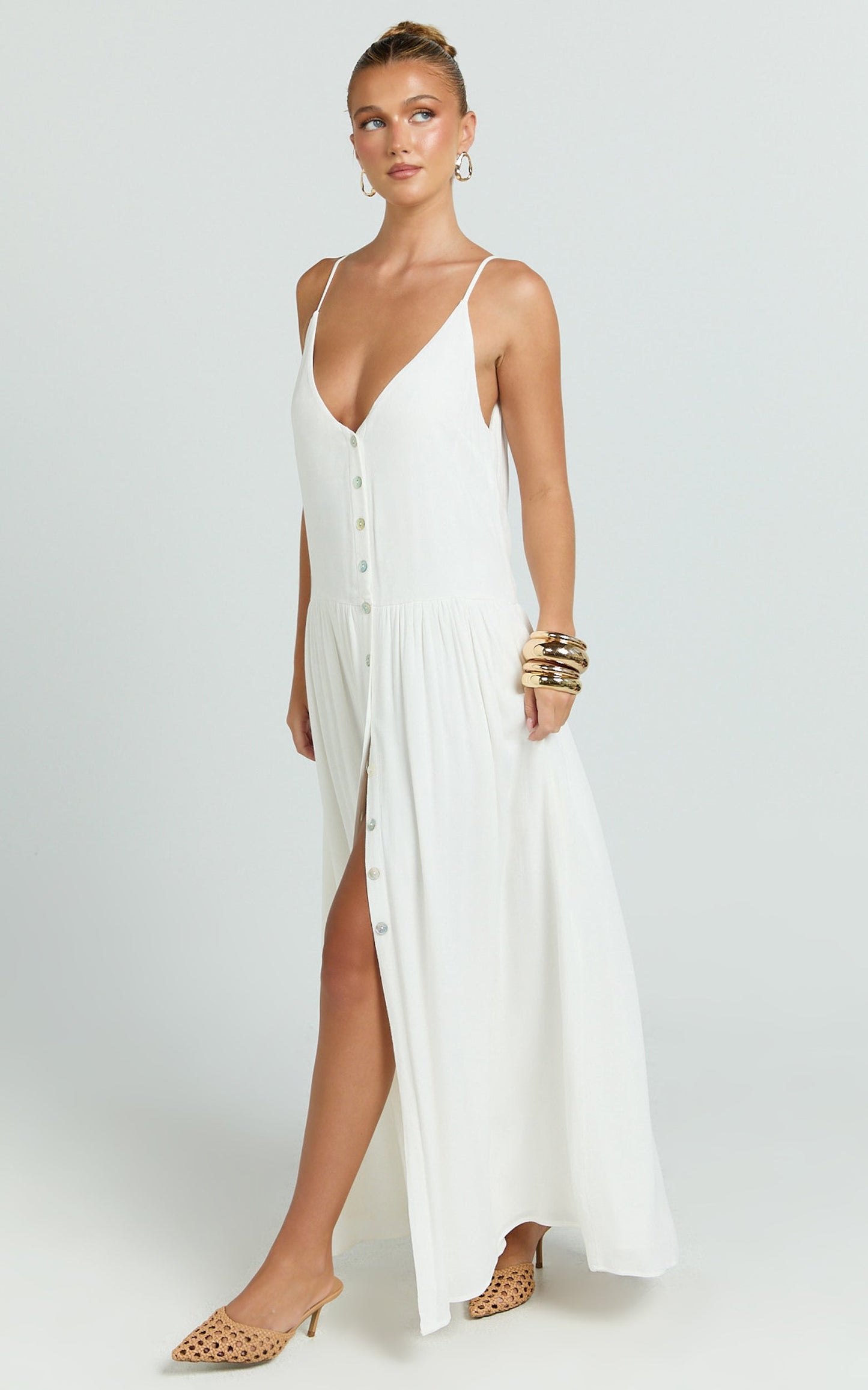 Lucille Maxi Dress - Tie Neck Button Down Front Split Maxi Dress in Off White