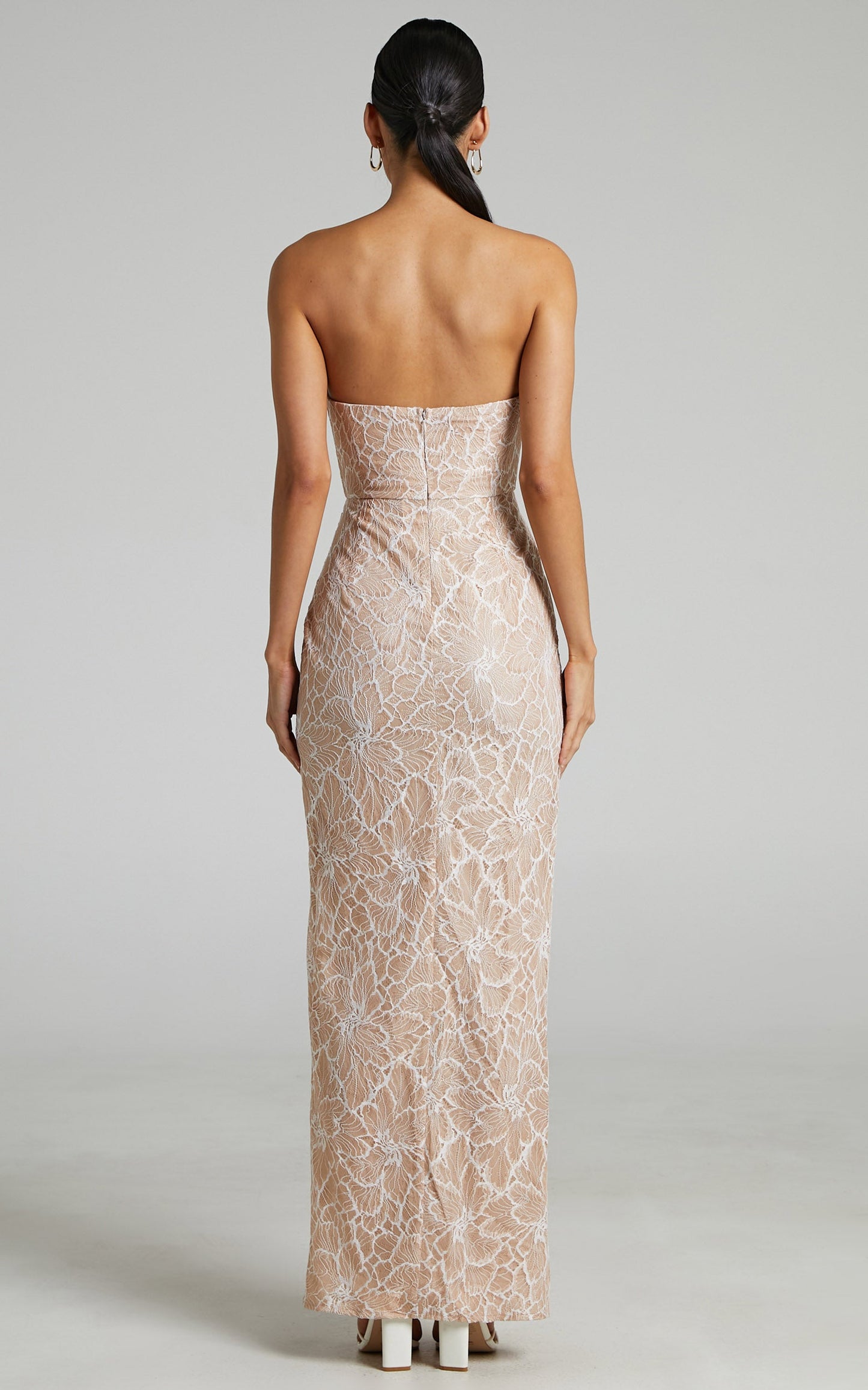 Lucinda Midi Dress - Strapless High Split Dress in Beige and White Lace