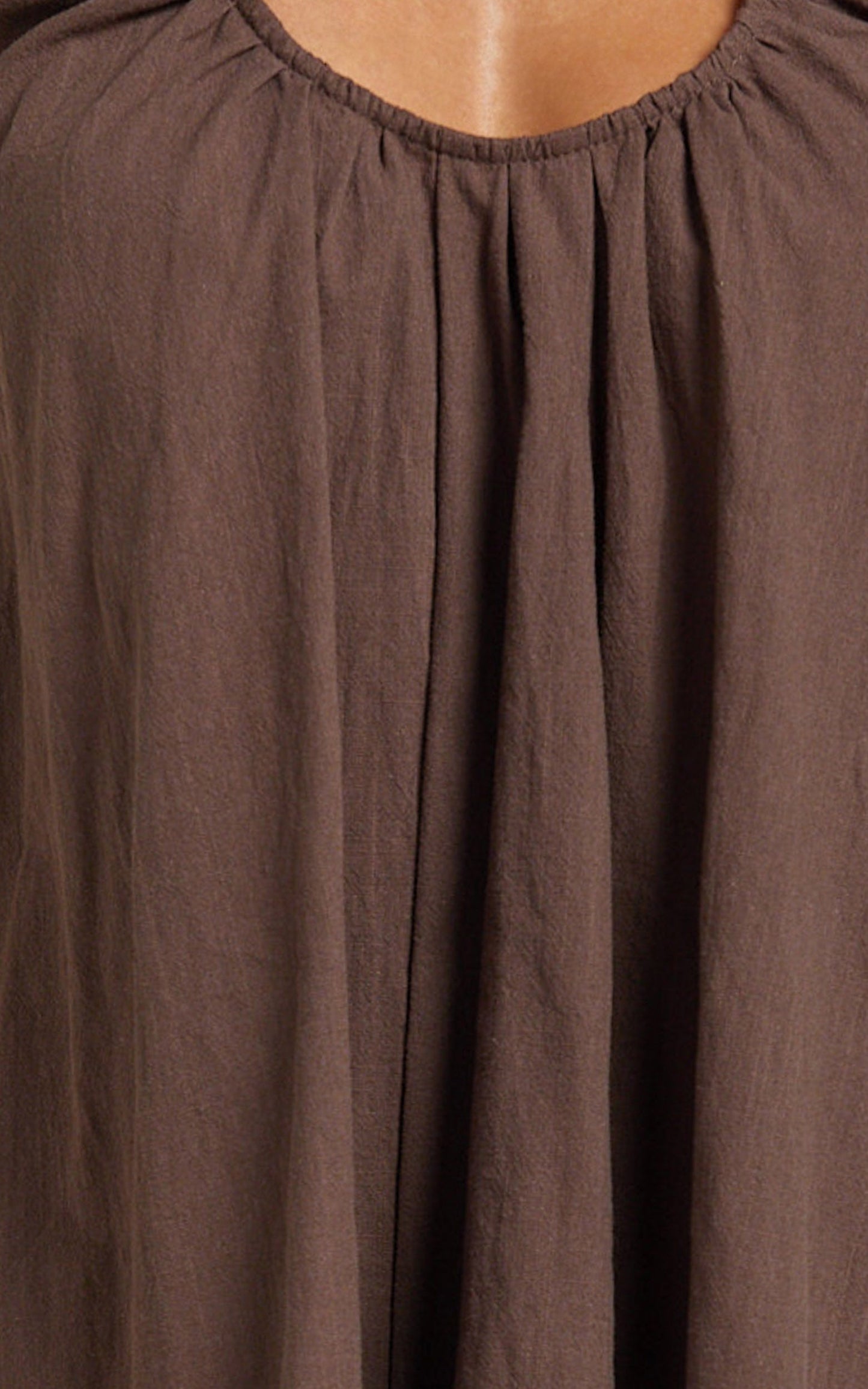 Lucinda Mini Dress - Deep U Gathered Neck Smock Dress in Chocolate