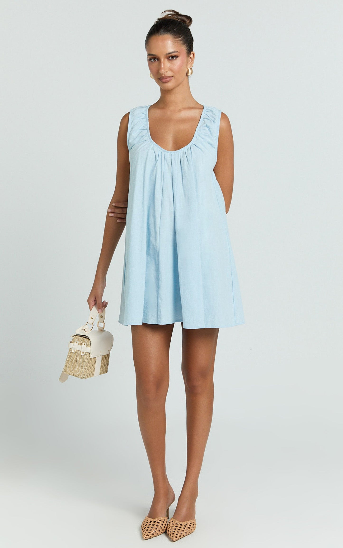 Lucinda Mini Dress - Deep U Gathered Neck Smock Dress in Pale Blue