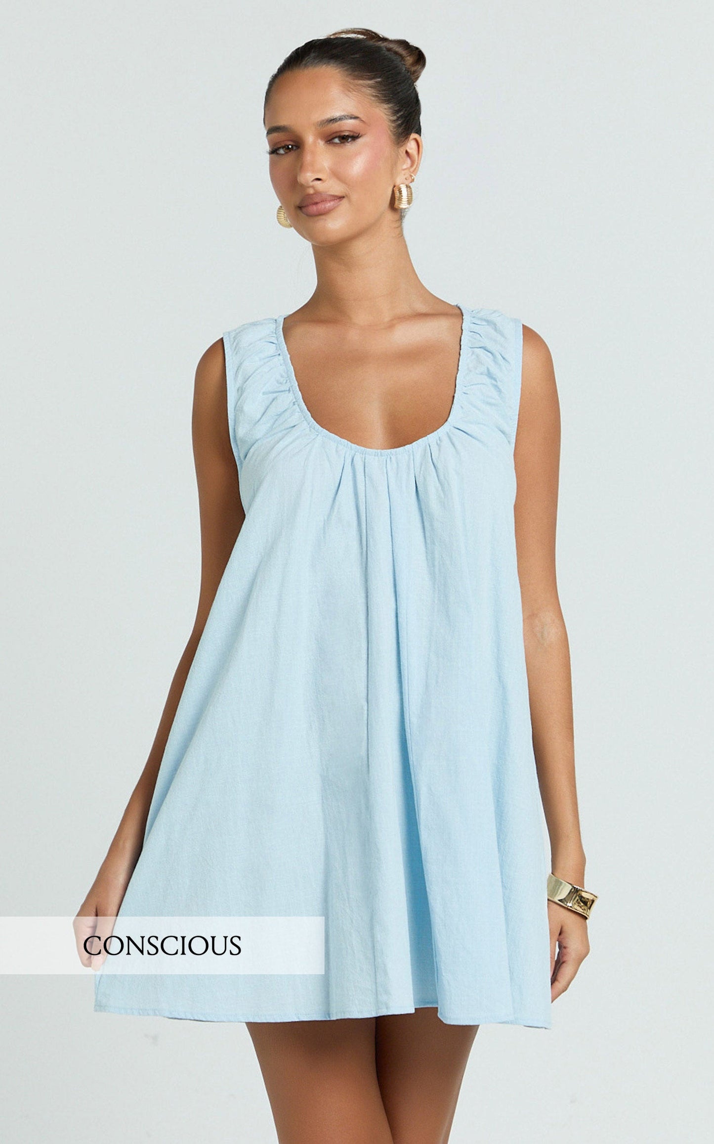Lucinda Mini Dress - Deep U Gathered Neck Smock Dress in Pale Blue