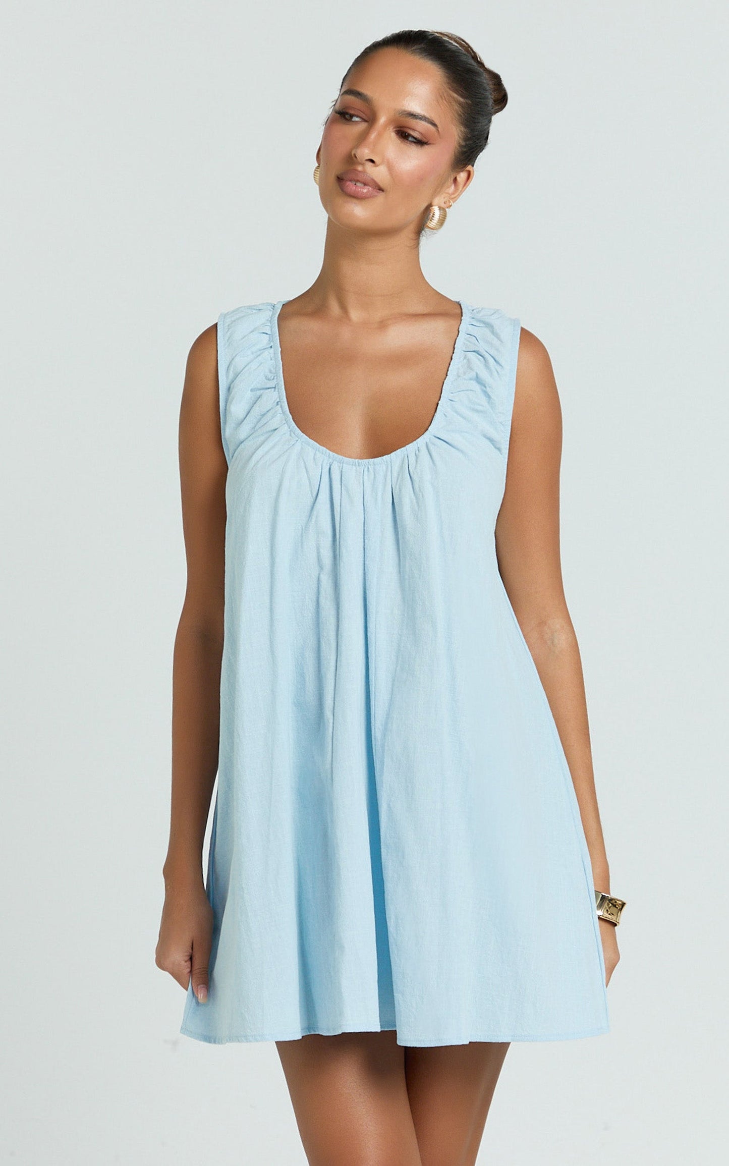 Lucinda Mini Dress - Deep U Gathered Neck Smock Dress in Pale Blue
