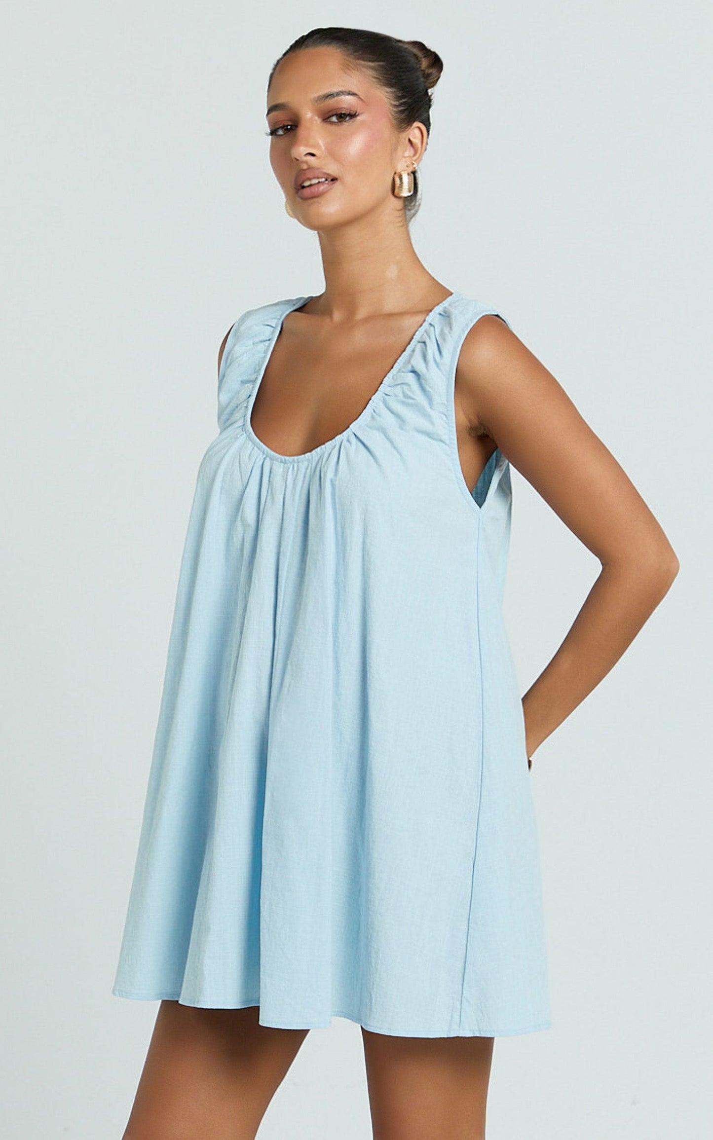 Lucinda Mini Dress - Deep U Gathered Neck Smock Dress in Pale Blue