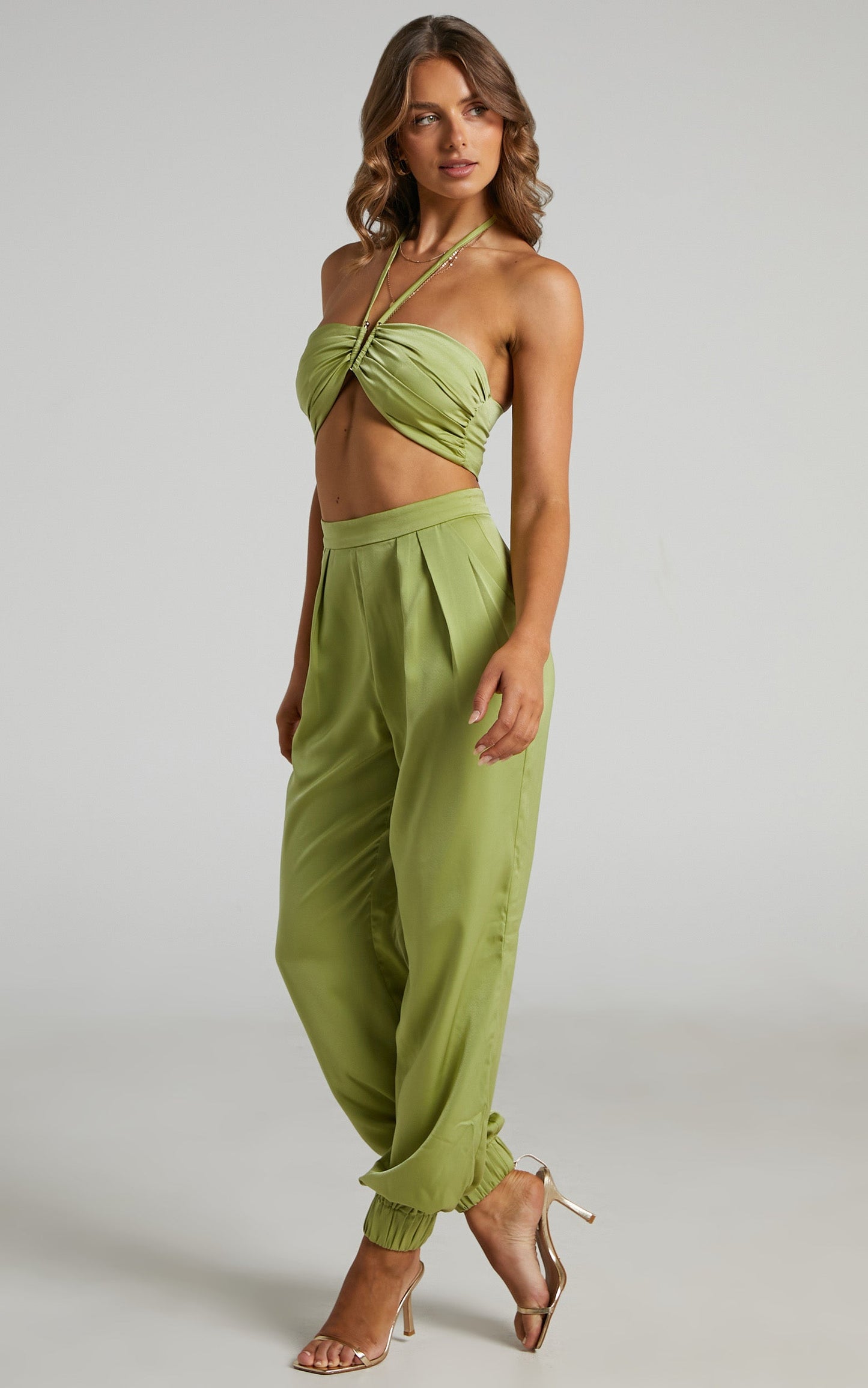 Lucine Halter Crop Top and Tailored Jogger Pants Two Piece Set in Green