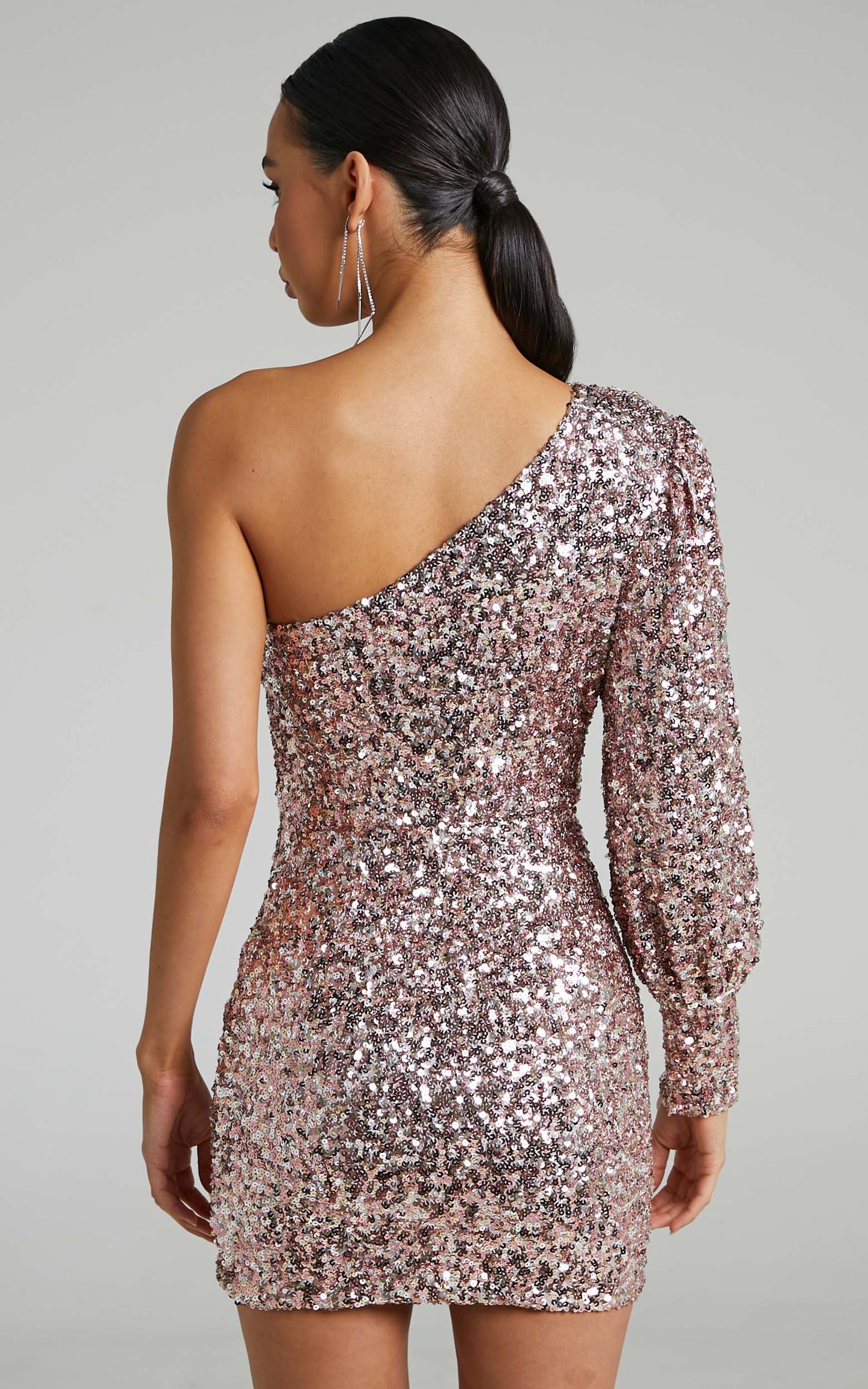 Luecia Mini Dress - Asymmetric One Shoulder Puff Sleeve Dress in Pink Sequin