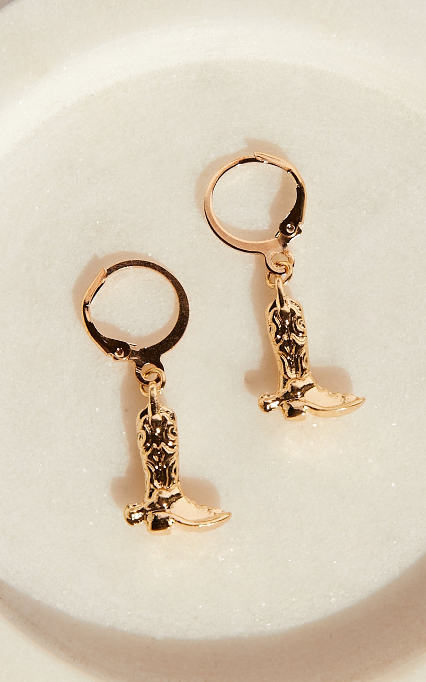 Luecia Cowboy Boot Drop Hoop Earrings in Gold