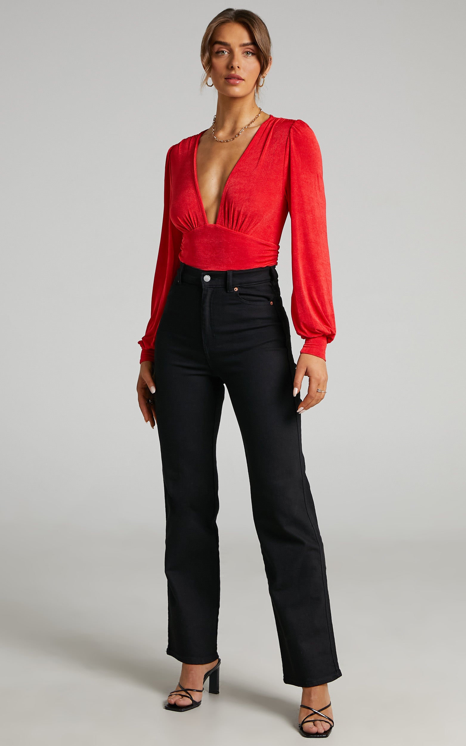 Lueiza Bodysuit - V-Neck with Balloon Sleeve Bodysuit in oxy red