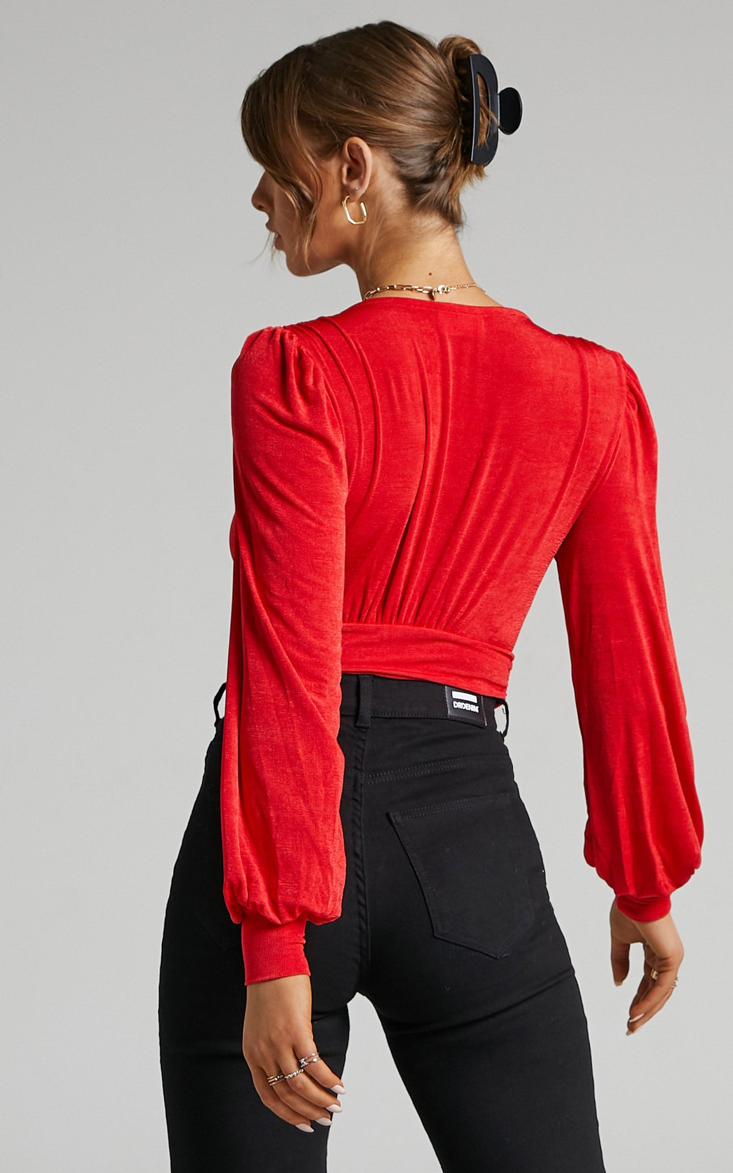Lueiza Bodysuit - V-Neck with Balloon Sleeve Bodysuit in oxy red