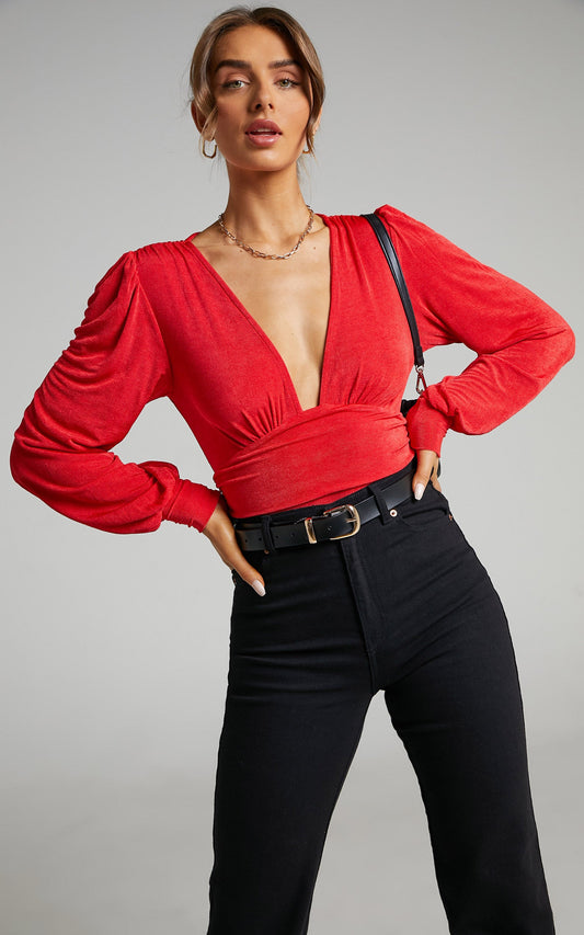 Lueiza Bodysuit - V-Neck with Balloon Sleeve Bodysuit in oxy red