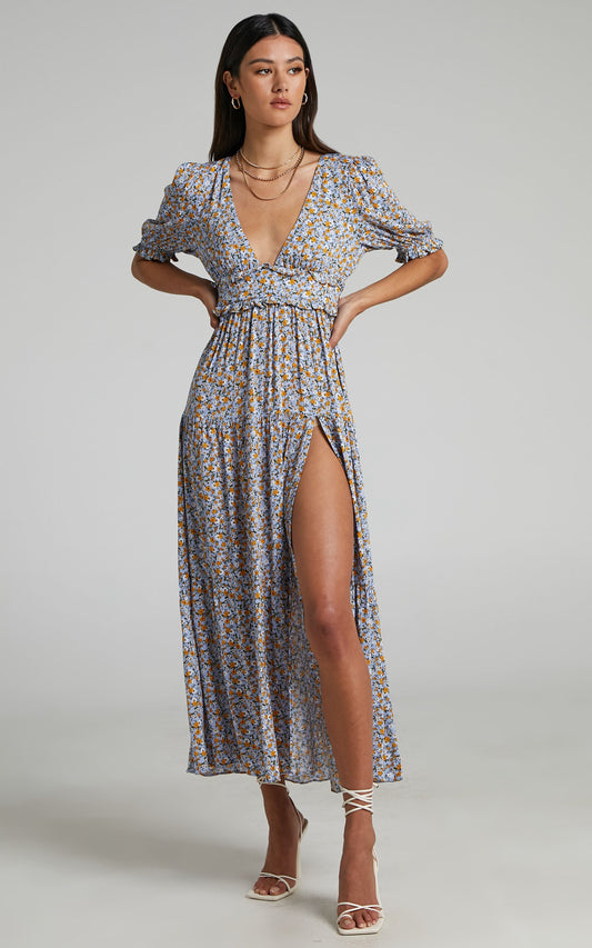 Luisella Midi Dress - Puff Sleeve Tiered Dress in Blue Ditsy Floral