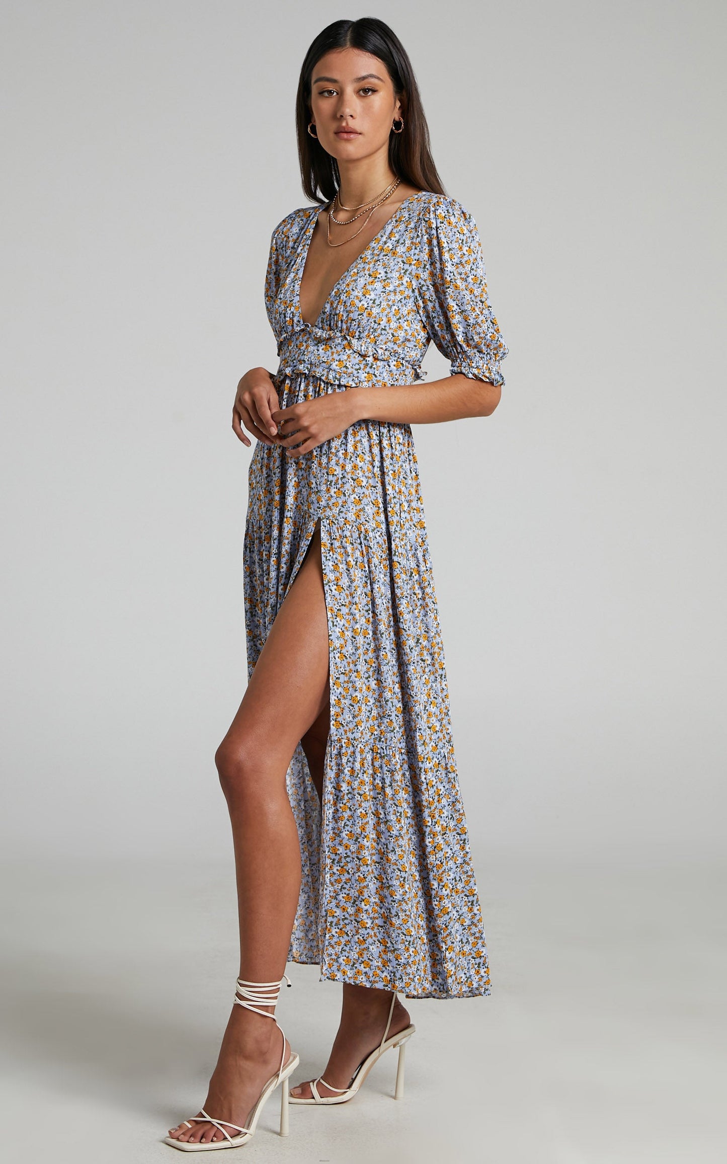 Luisella Midi Dress - Puff Sleeve Tiered Dress in Blue Ditsy Floral