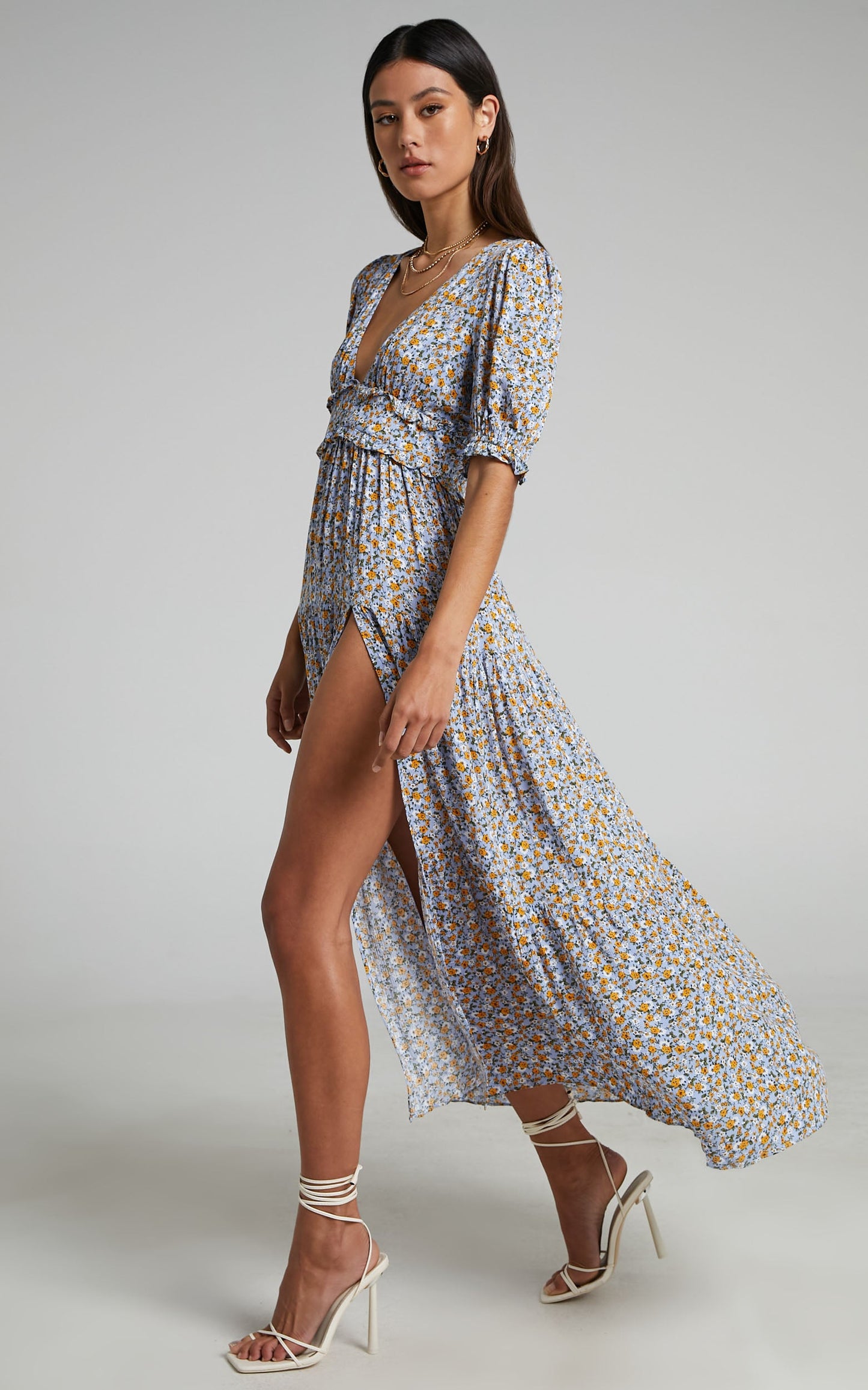 Luisella Midi Dress - Puff Sleeve Tiered Dress in Blue Ditsy Floral