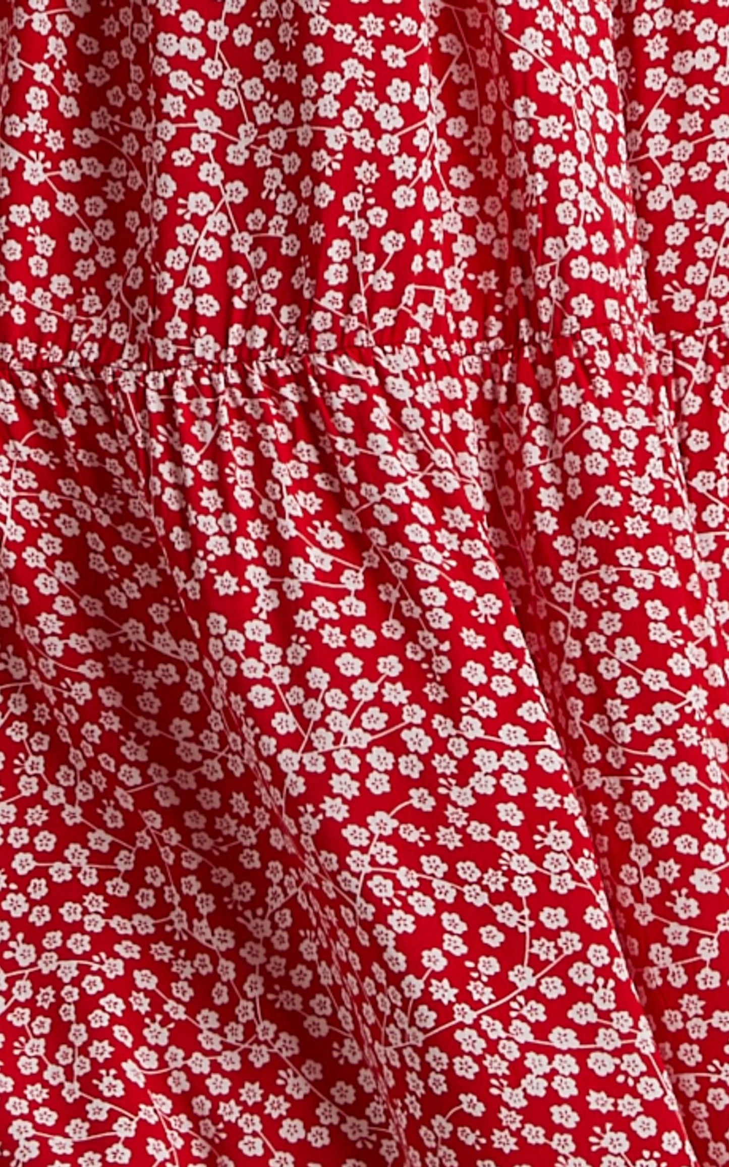 Luisella Midi Dress - Puff Sleeve Tiered Dress in Red Ditsy Floral