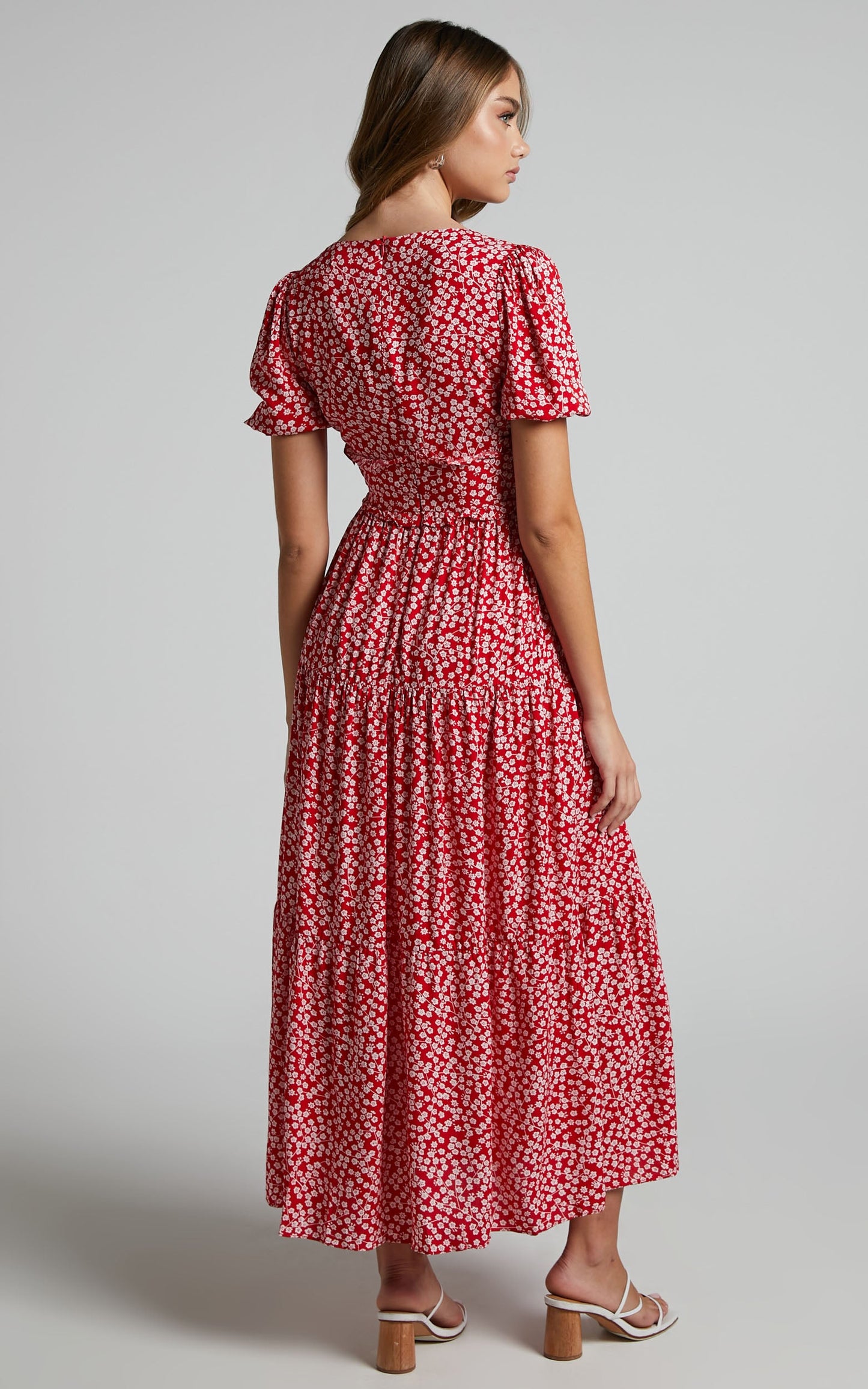Luisella Midi Dress - Puff Sleeve Tiered Dress in Red Ditsy Floral