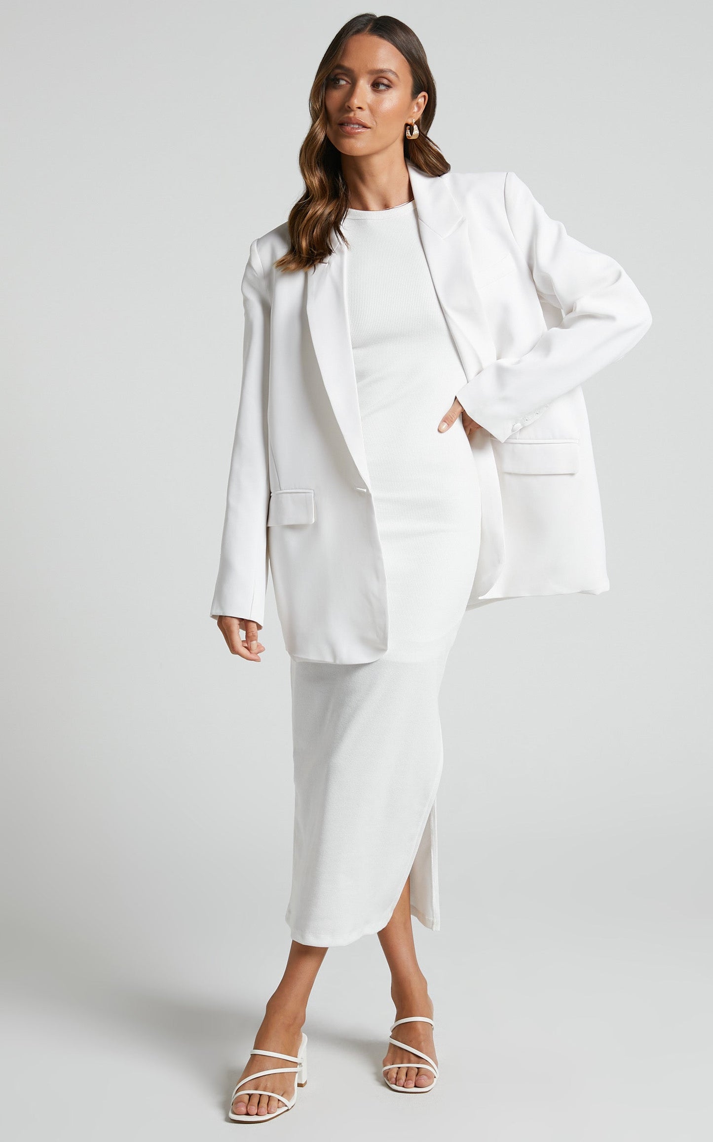 Lulani Midi Dress - Ribbed Crew Neck Pencil Dress in White