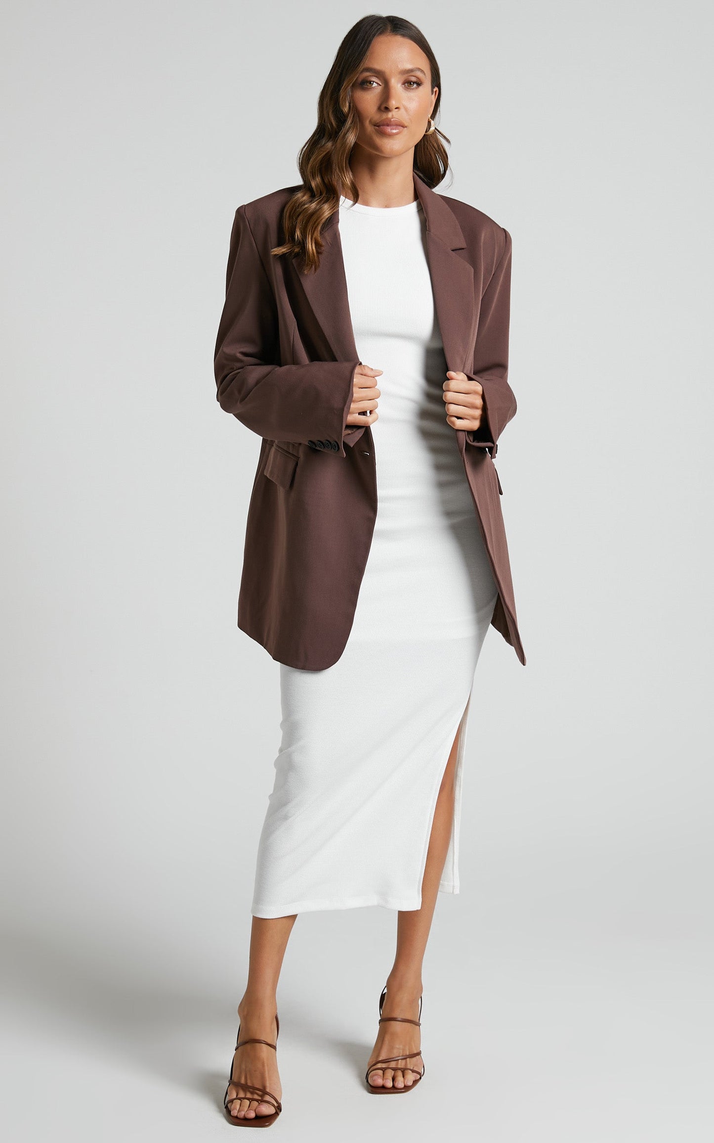 Lulani Midi Dress - Ribbed Crew Neck Pencil Dress in White