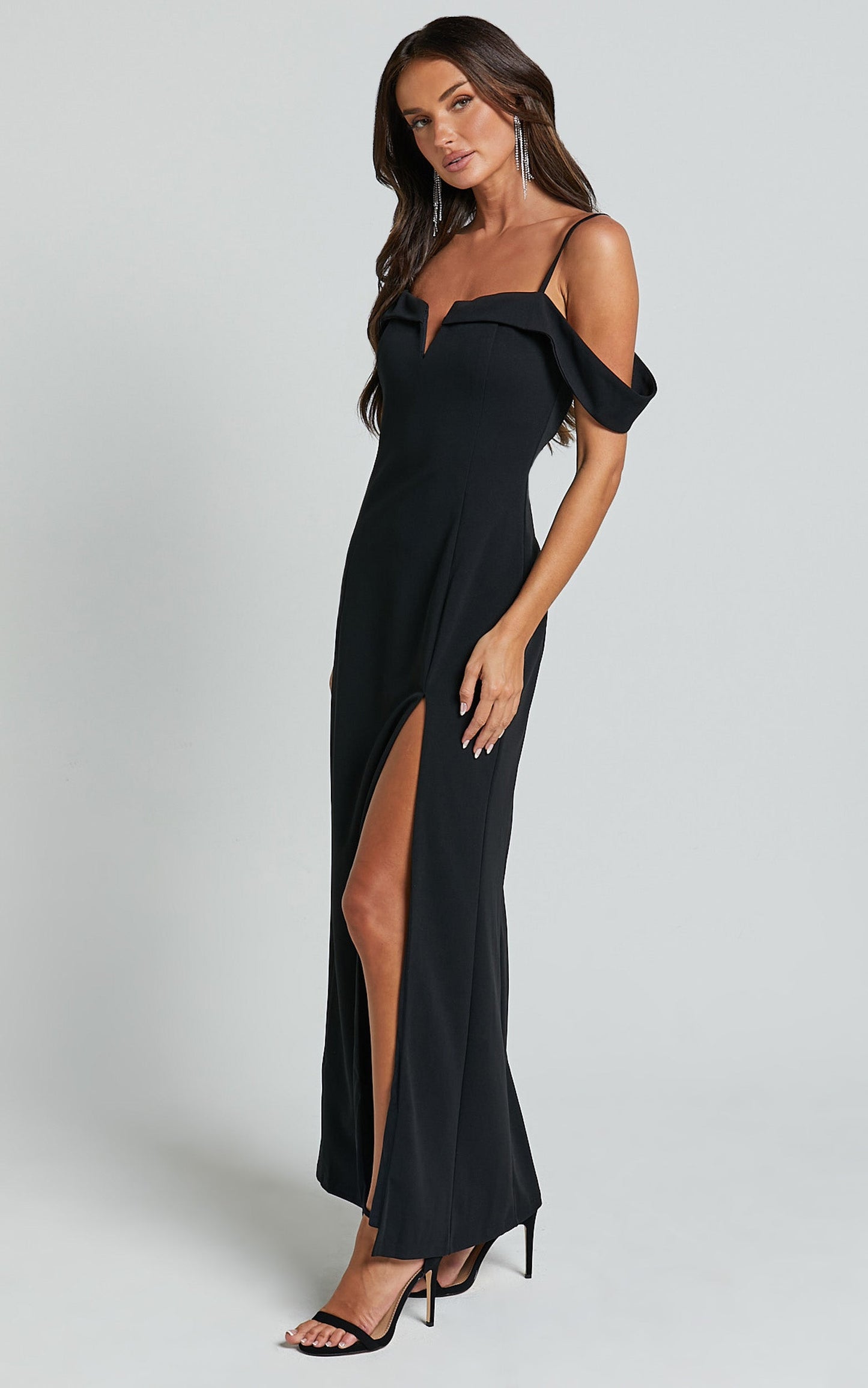 Lulette Maxi Dress - Plunge V Off the Shoulder Sleeve detail Maxi in Black