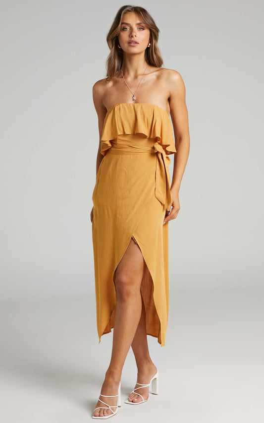 Lulu Strapless Midi Wrap Dress in Mustard