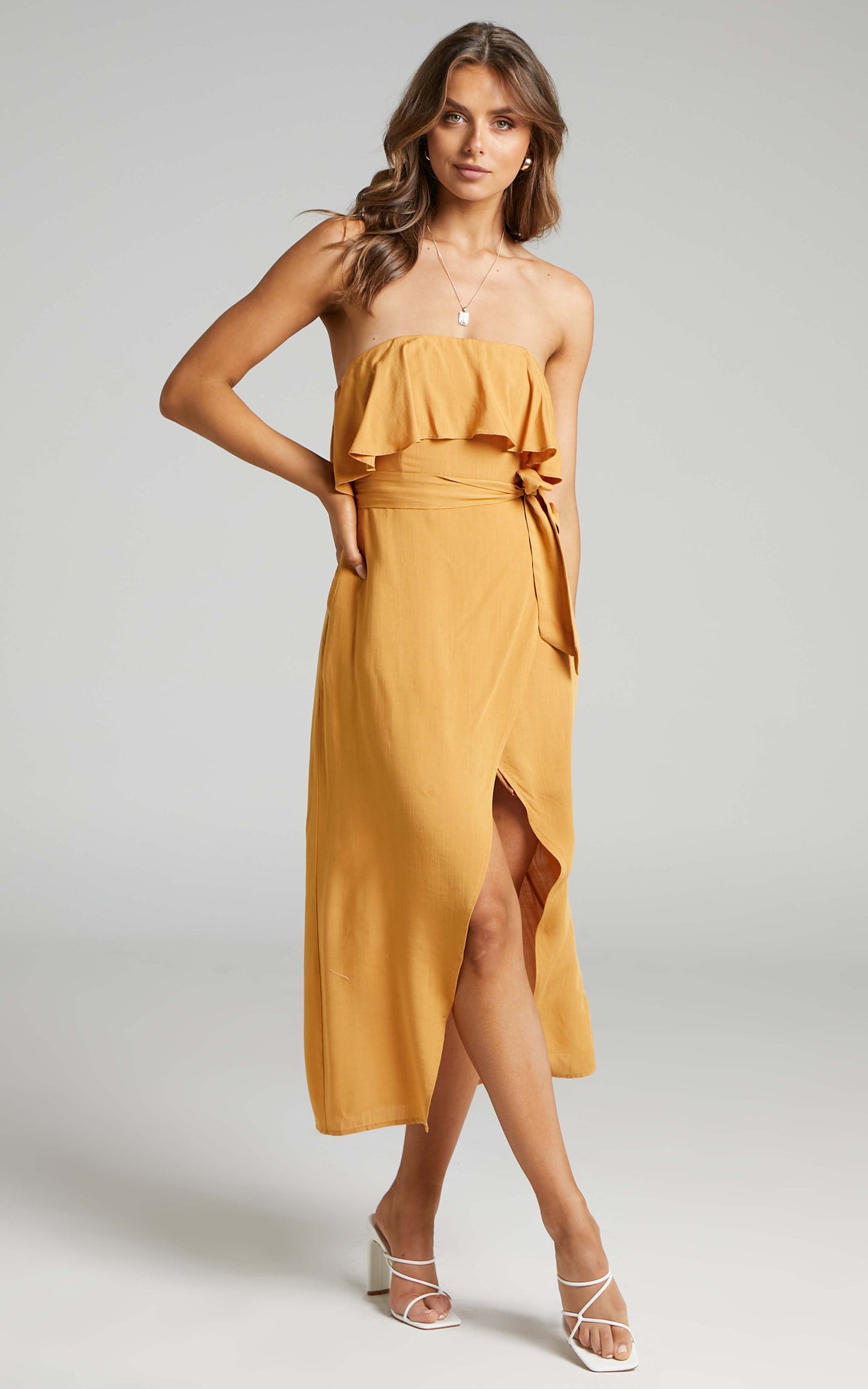 Lulu Strapless Midi Wrap Dress in Mustard