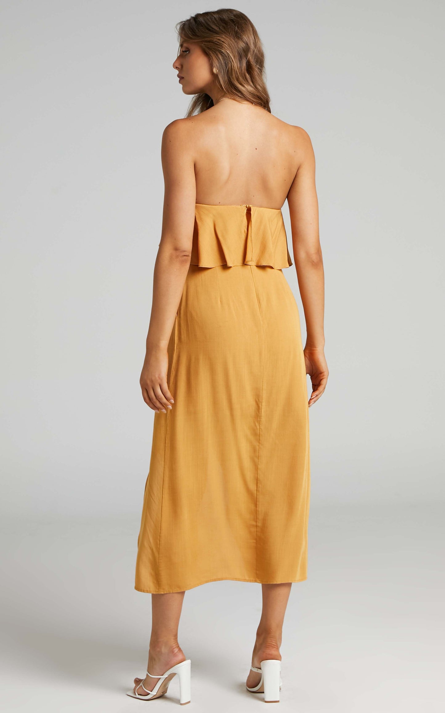Lulu Strapless Midi Wrap Dress in Mustard