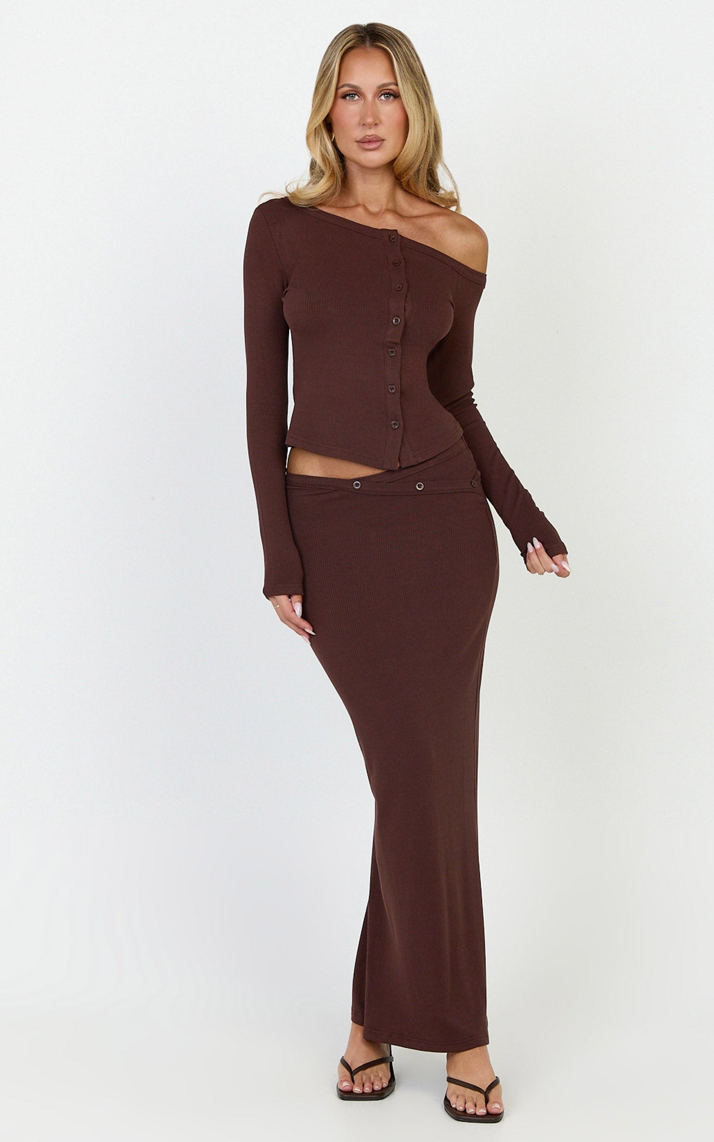 Lulu Two Piece Top and Skirt Set - Asymmetrical Button Detail Top And Maxi Skirt Set in Chocolate