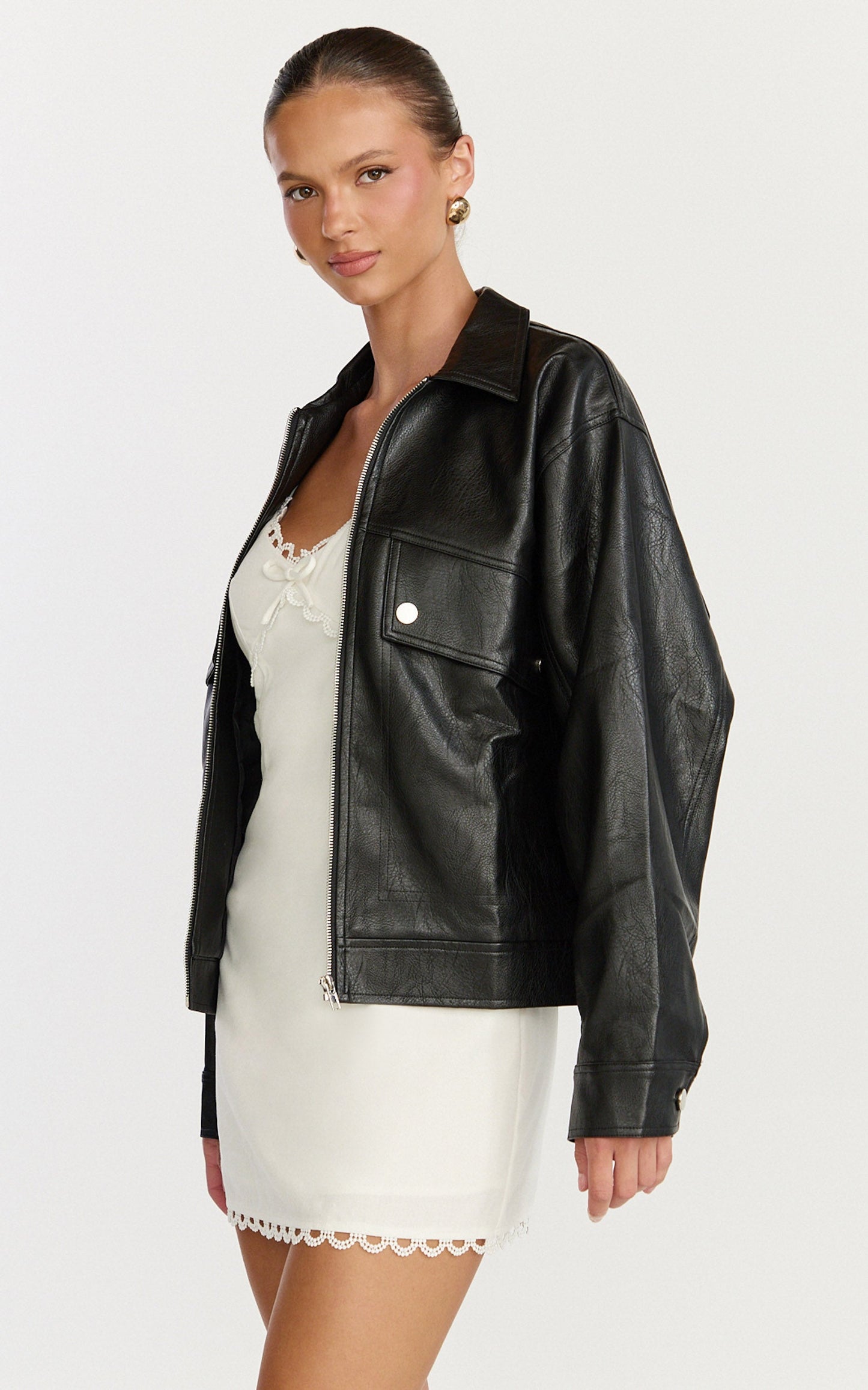 Lumi Jacket - Faux Leather Bomber Jacket in Black