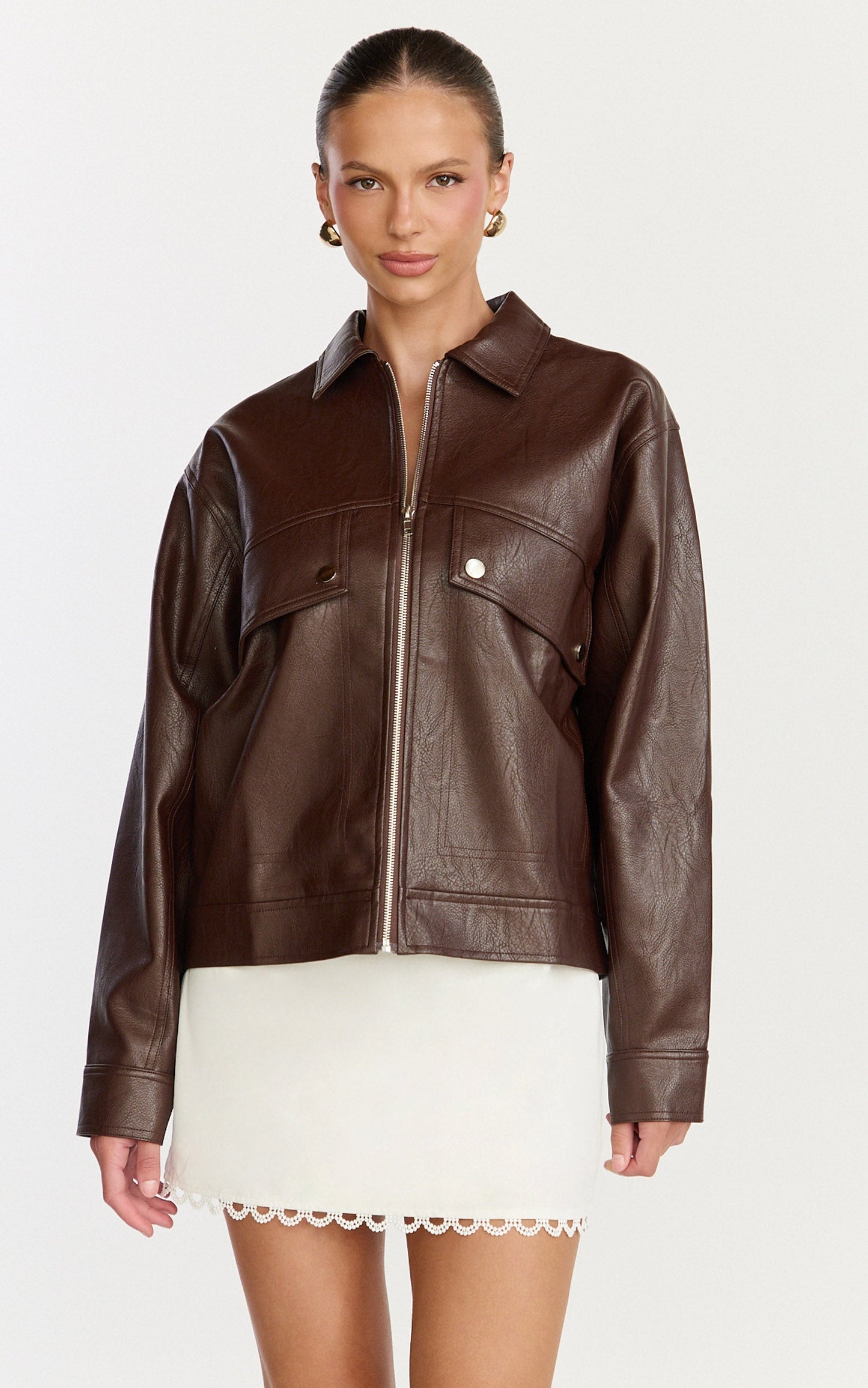 Lumi Jacket - Faux Leather Bomber Jacket in Chocolate
